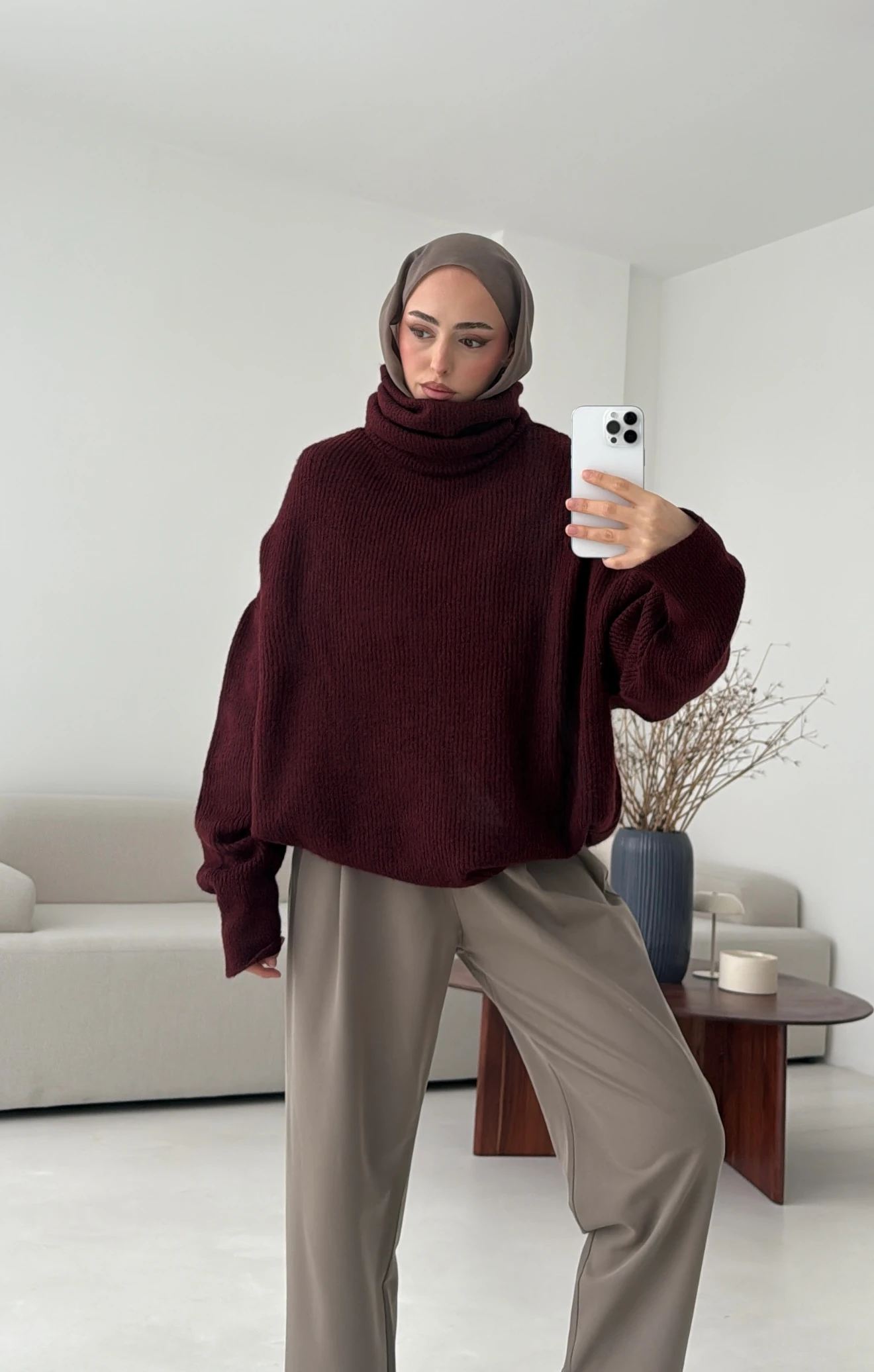 Balıkçı Yaka Oversizse Triko Kazak Bordo