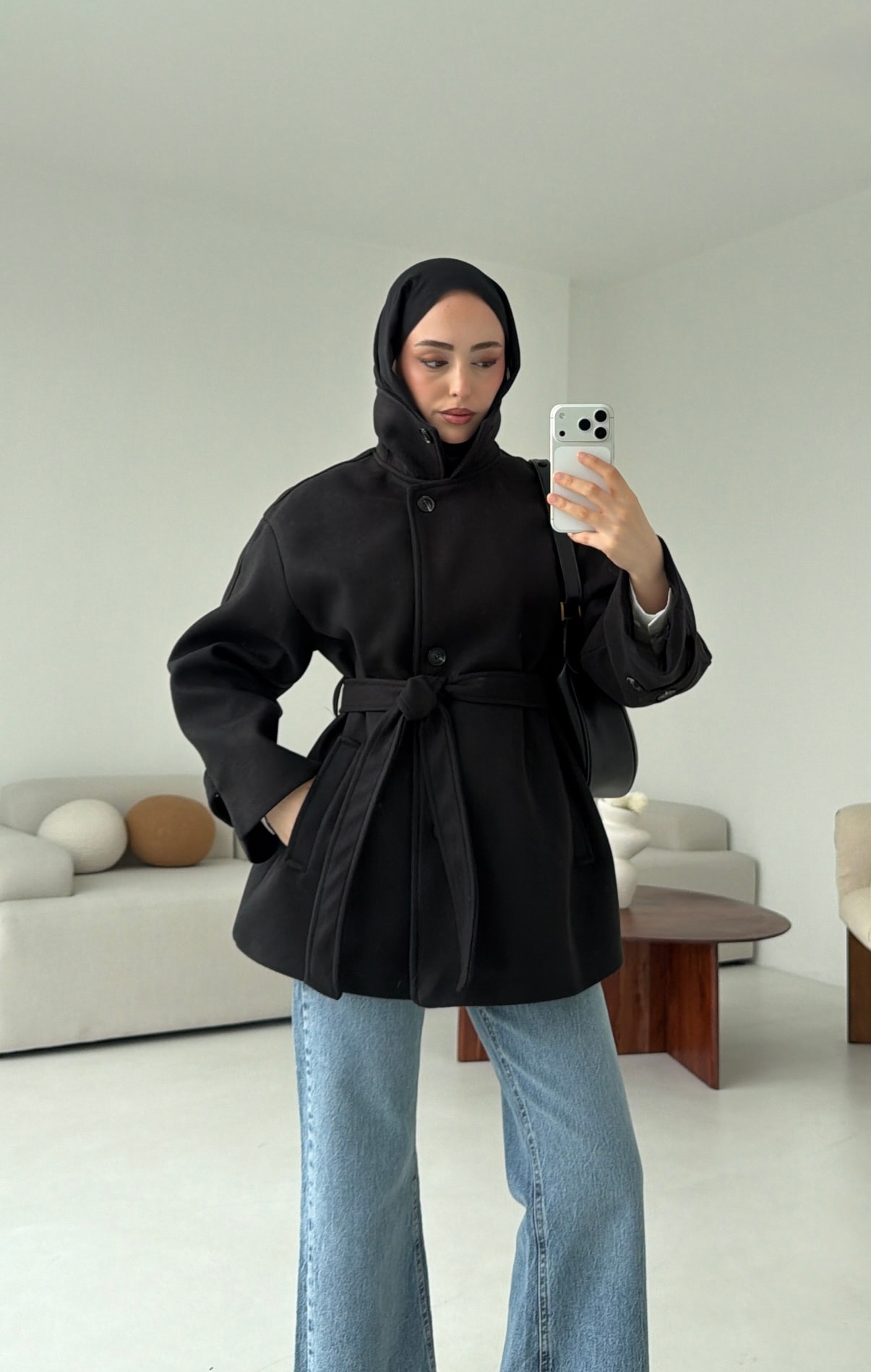 Kol Apoletli Kaşe Kaban Siyah