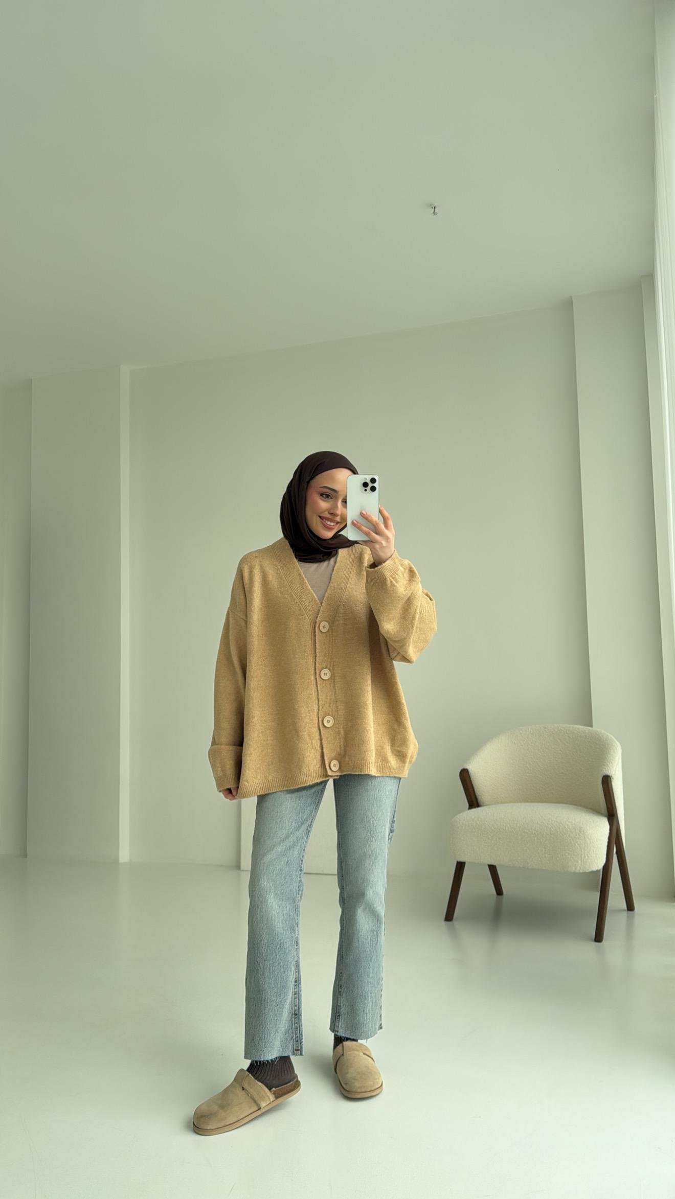 Oversize Yünlü Triko Hırka Vizon