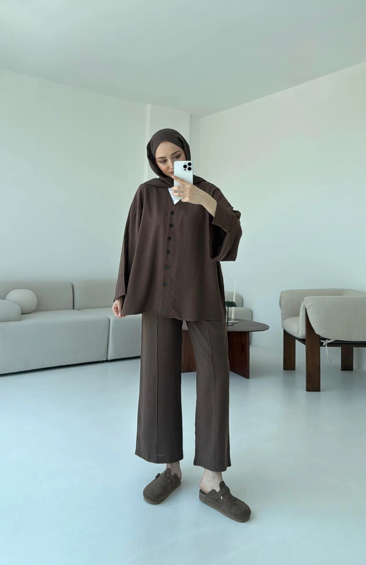 Düğmeli Kimono Takım Kahve