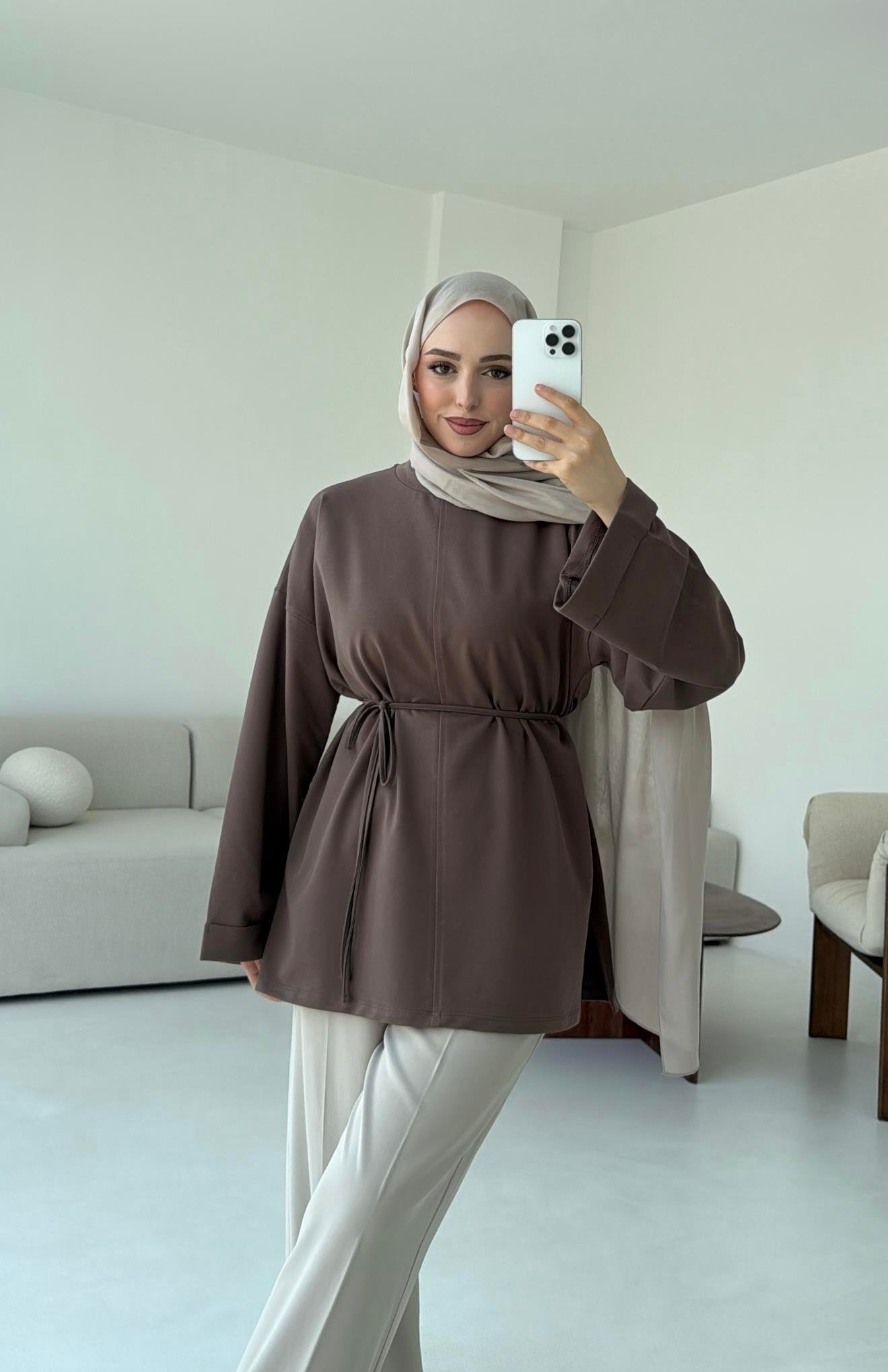 Bağlamalı Yanı Yırtmaç Detay Sweat Acık Kahve