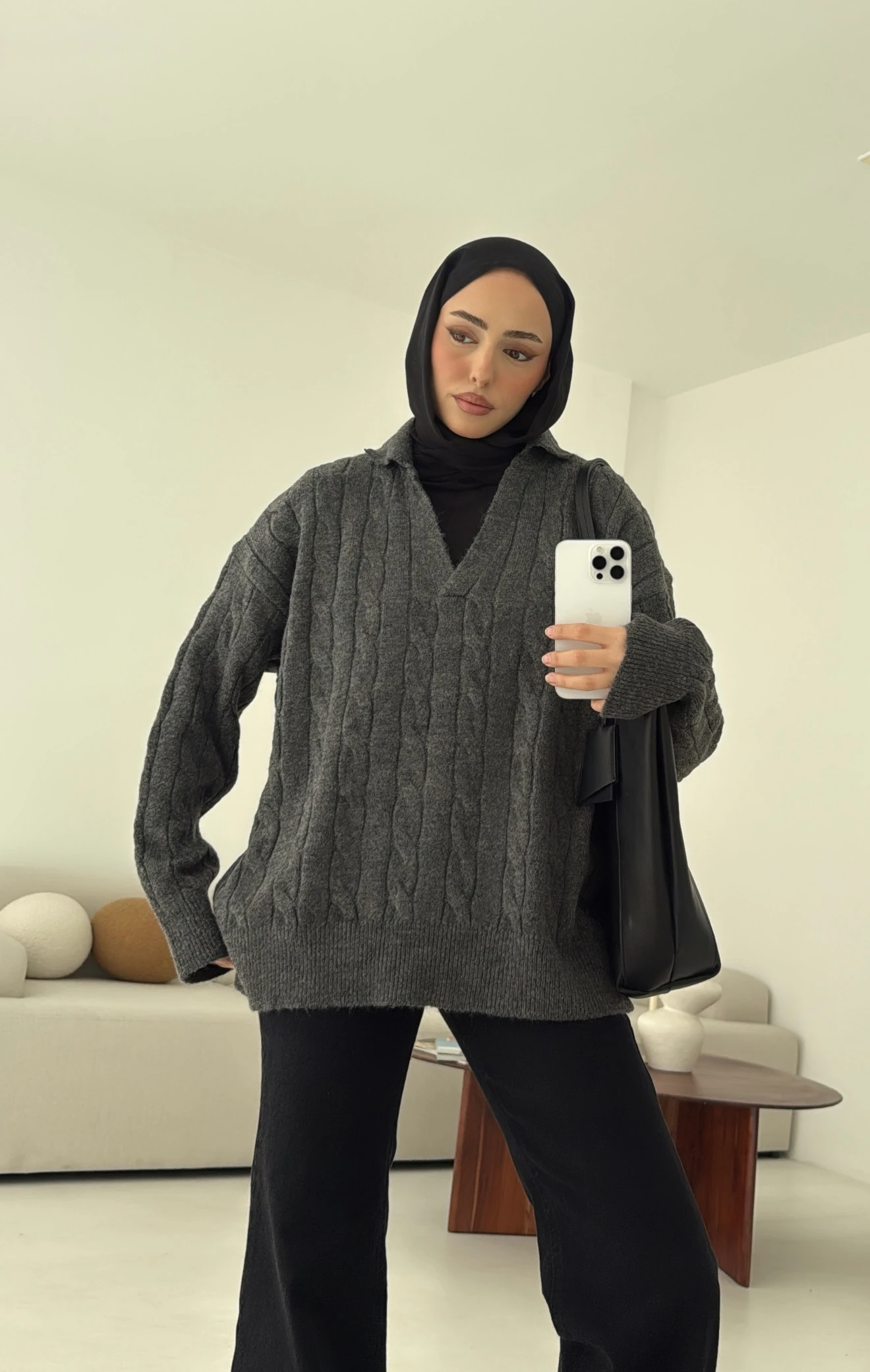 Polo Yaka Örgü Kazak Antrasit