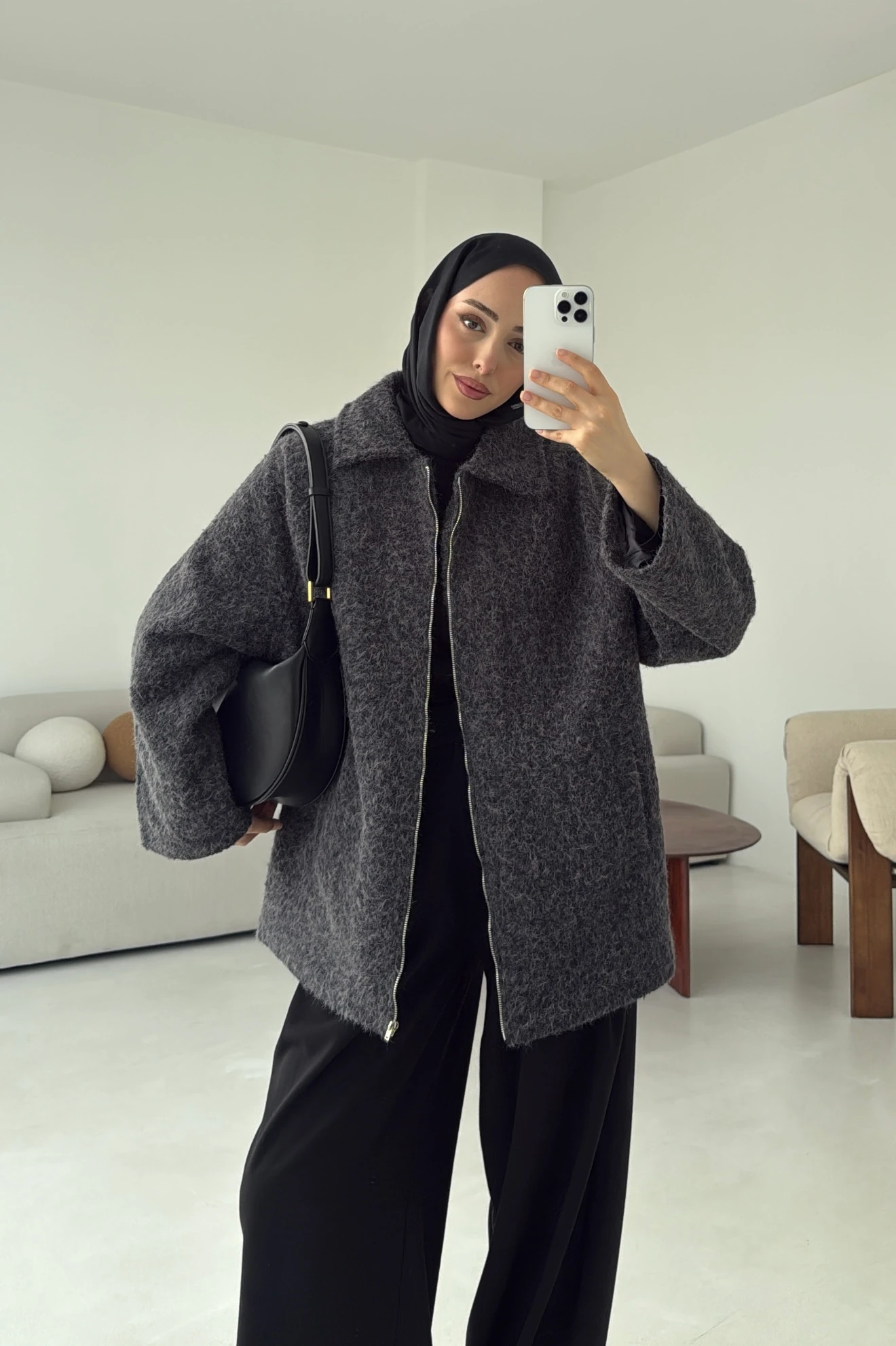 Kırçıllı Fermuarlı Kaban Antrasit