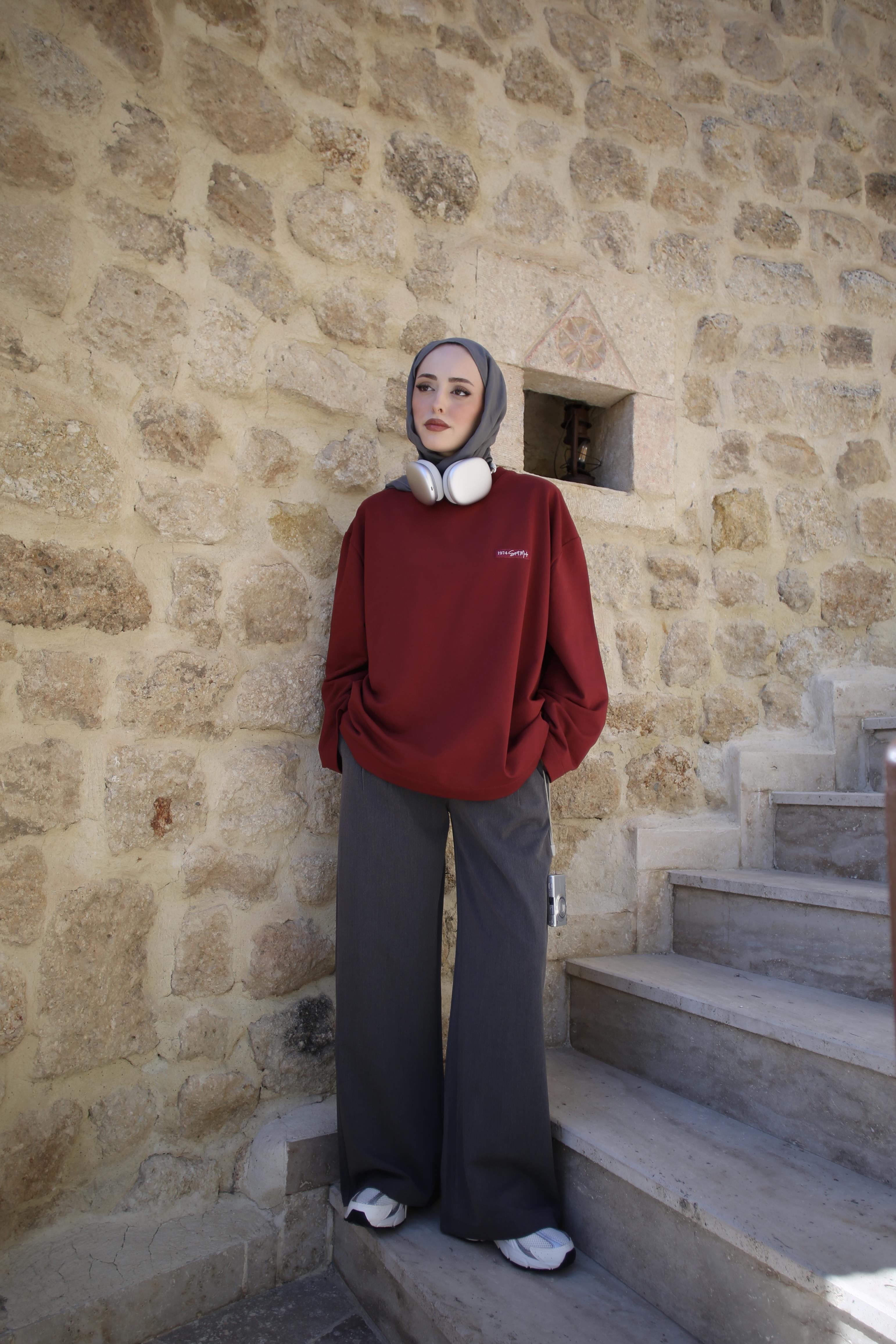 Etiket Baskılı Yazlık Sweatshirt Kırmızı