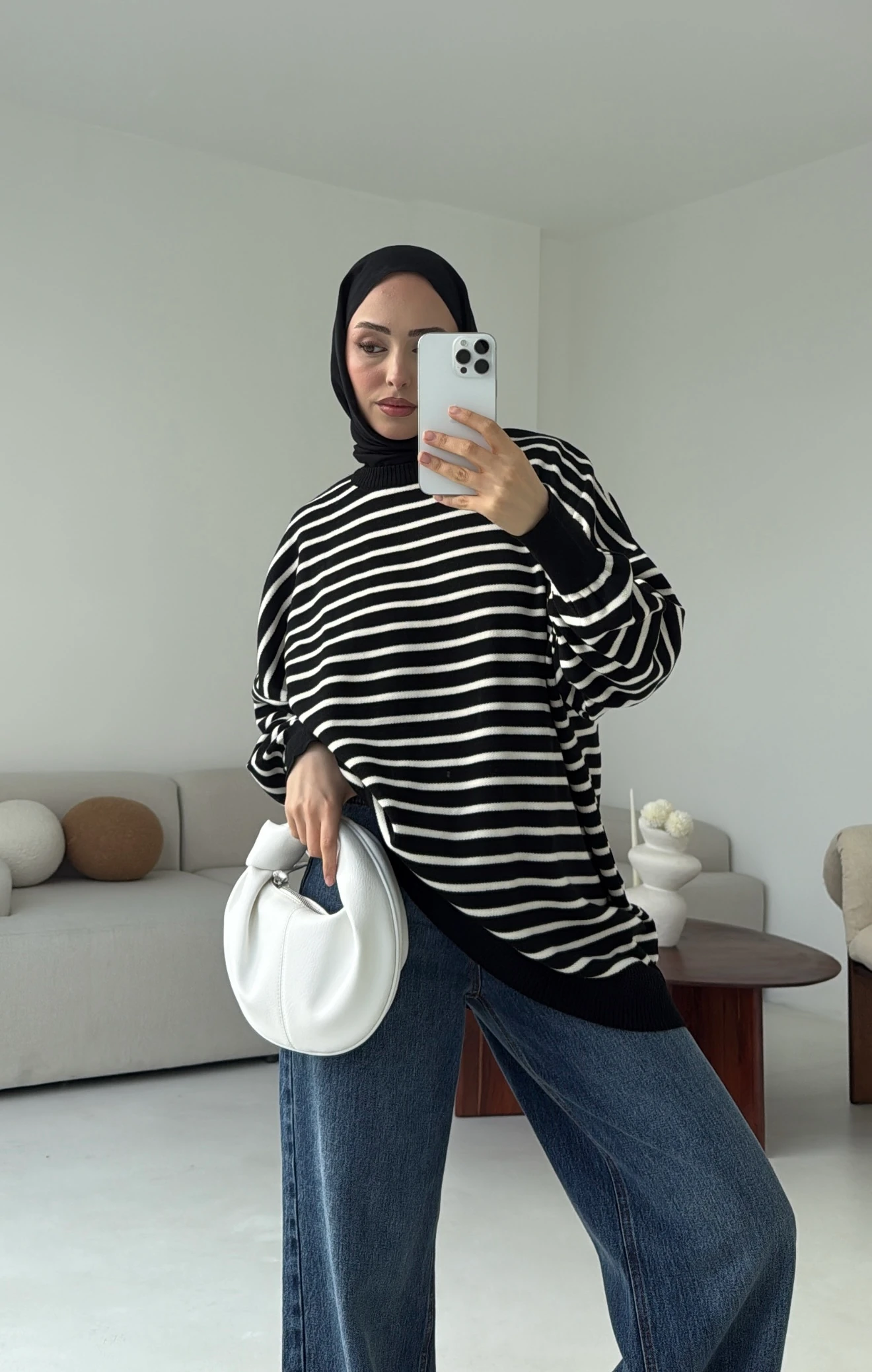 Çizgili Triko Kazak Siyah