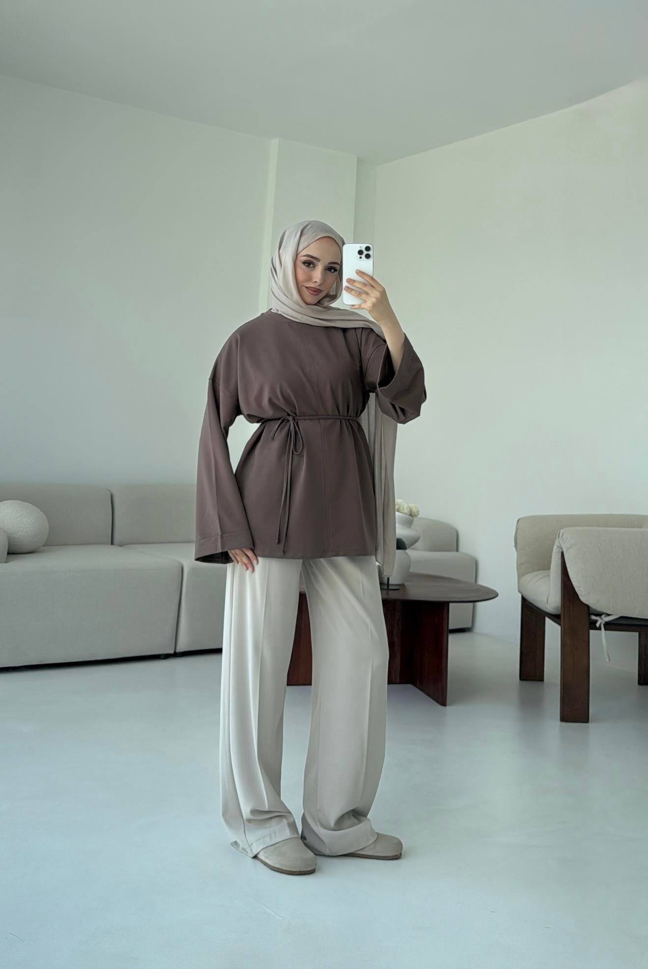 Bağlamalı Yanı Yırtmaç Detay Sweat Acık Kahve