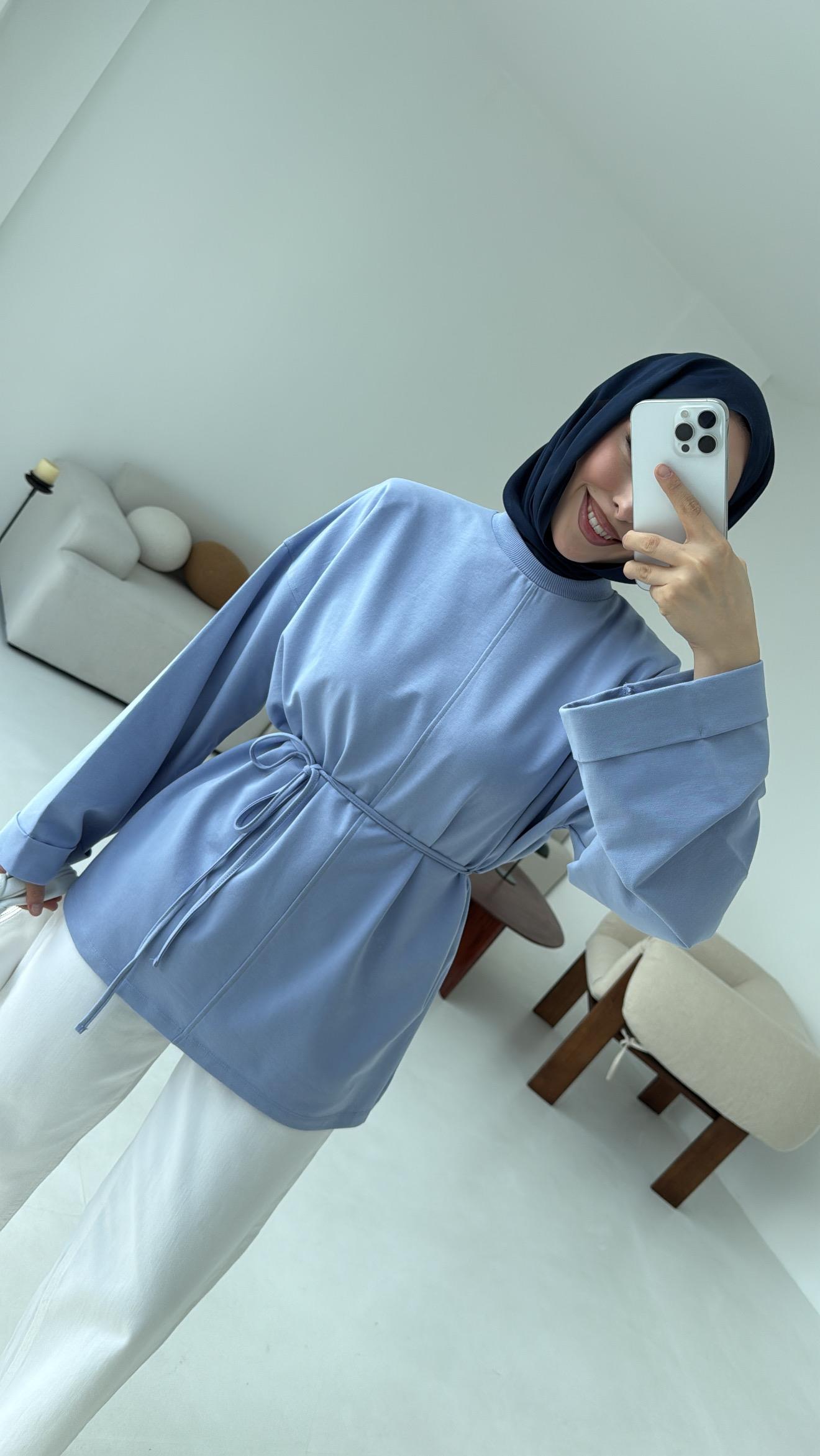Bağlamalı Yanı Yırtmaç Detay Sweat Mavi