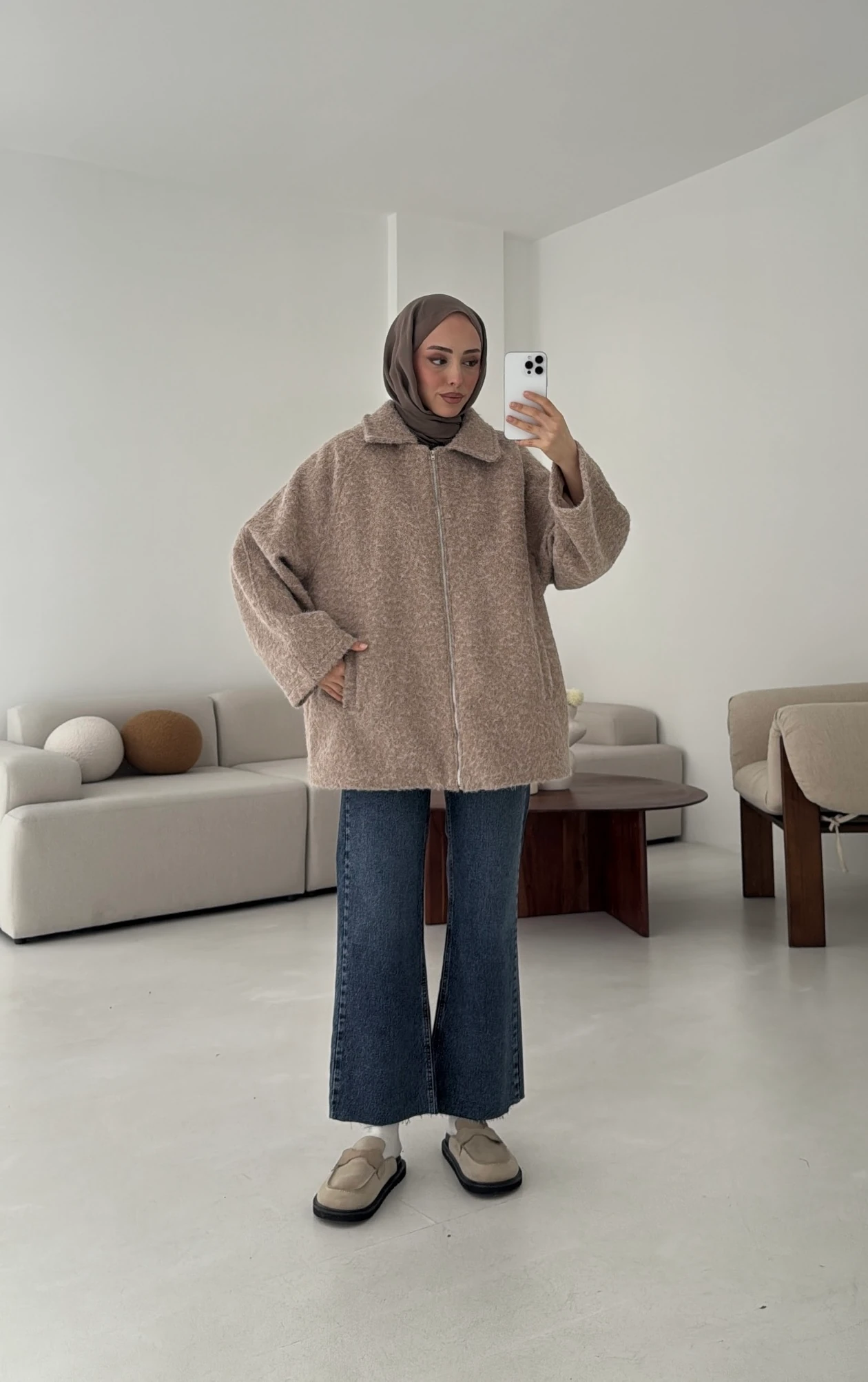 Kırçıllı Fermuarlı Kaban Bej