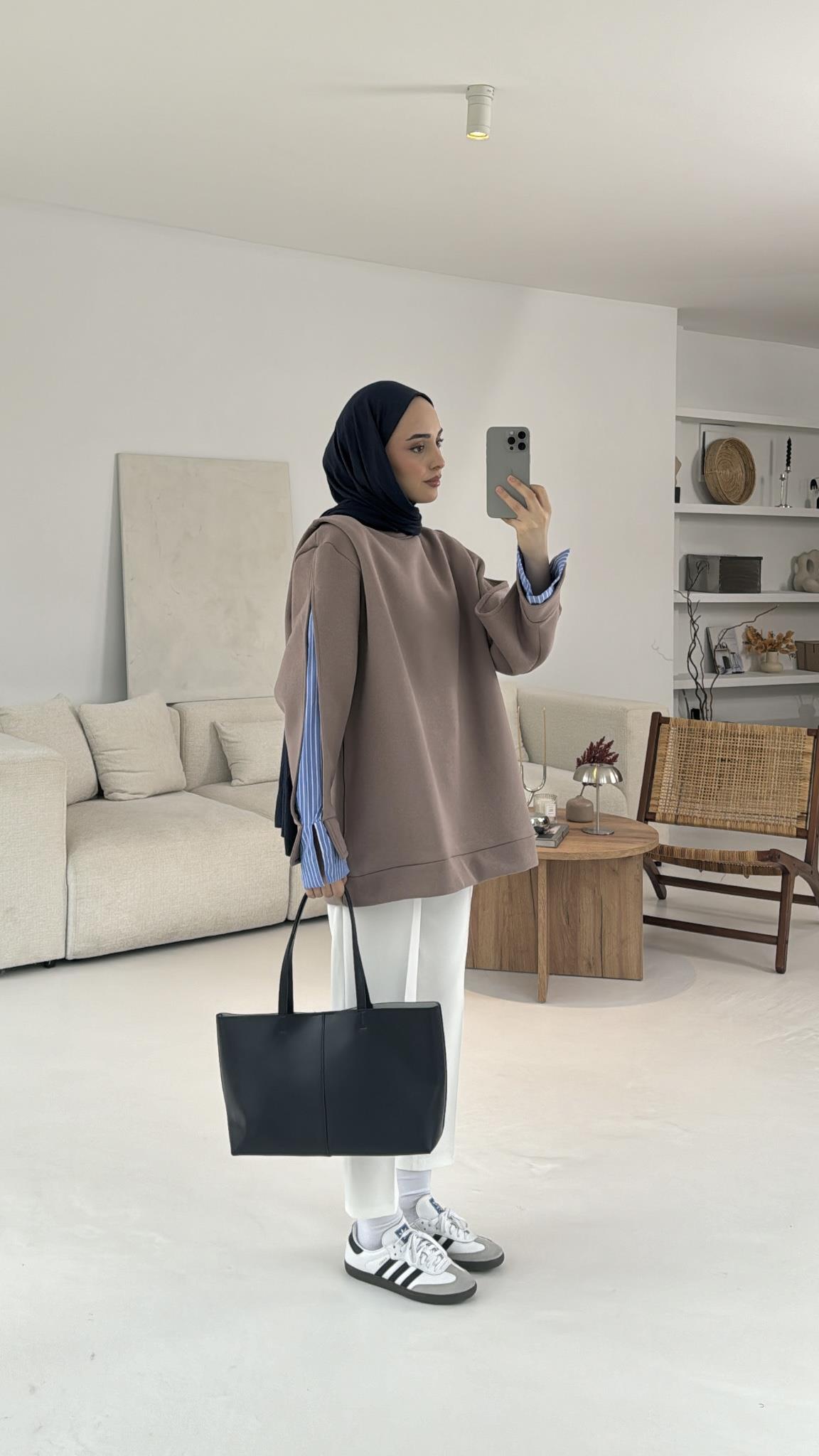 Gömlek Detaylı Sweatshirt Vizon