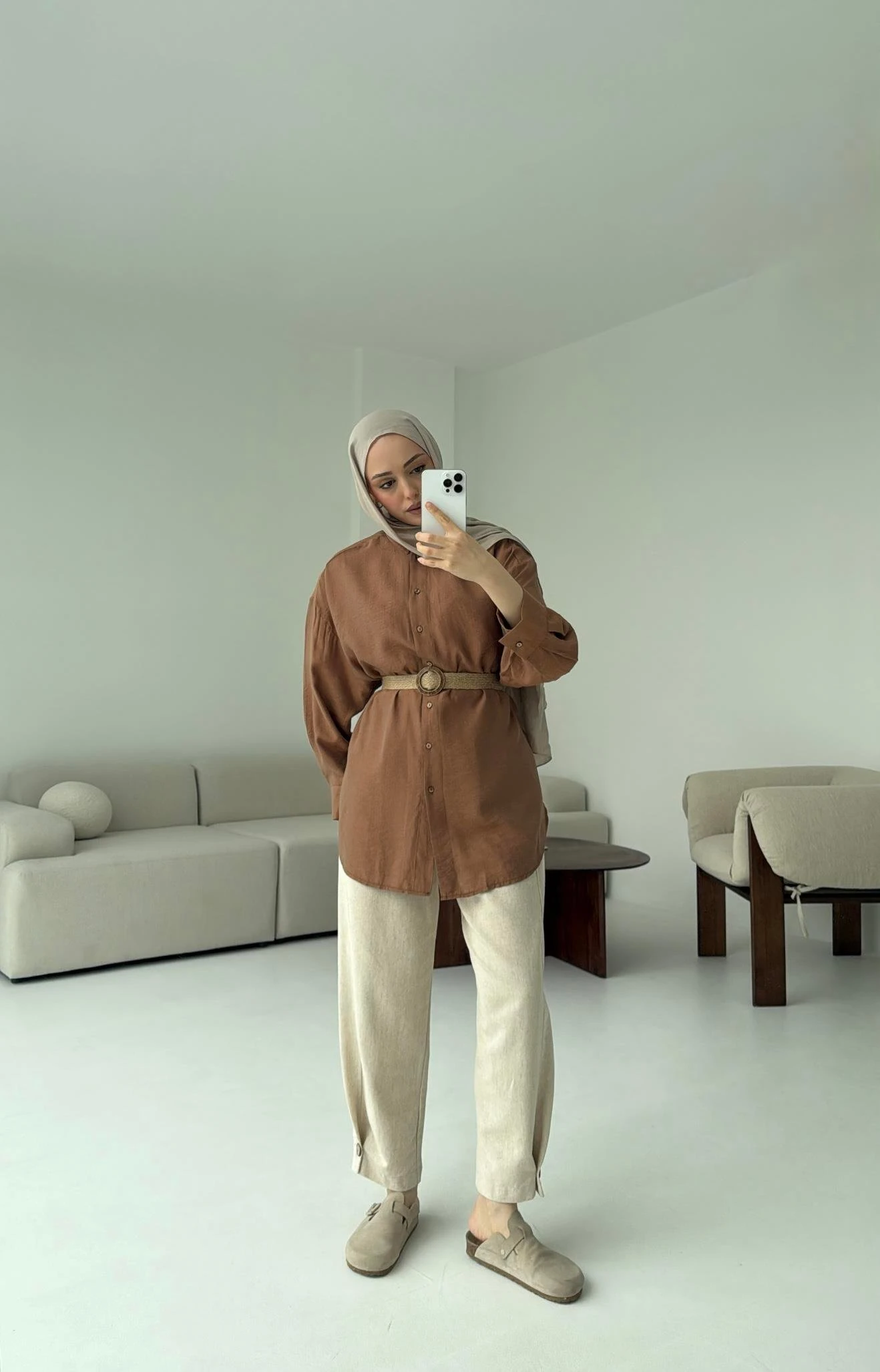 Hasır Kemerli Gömlek Kahve