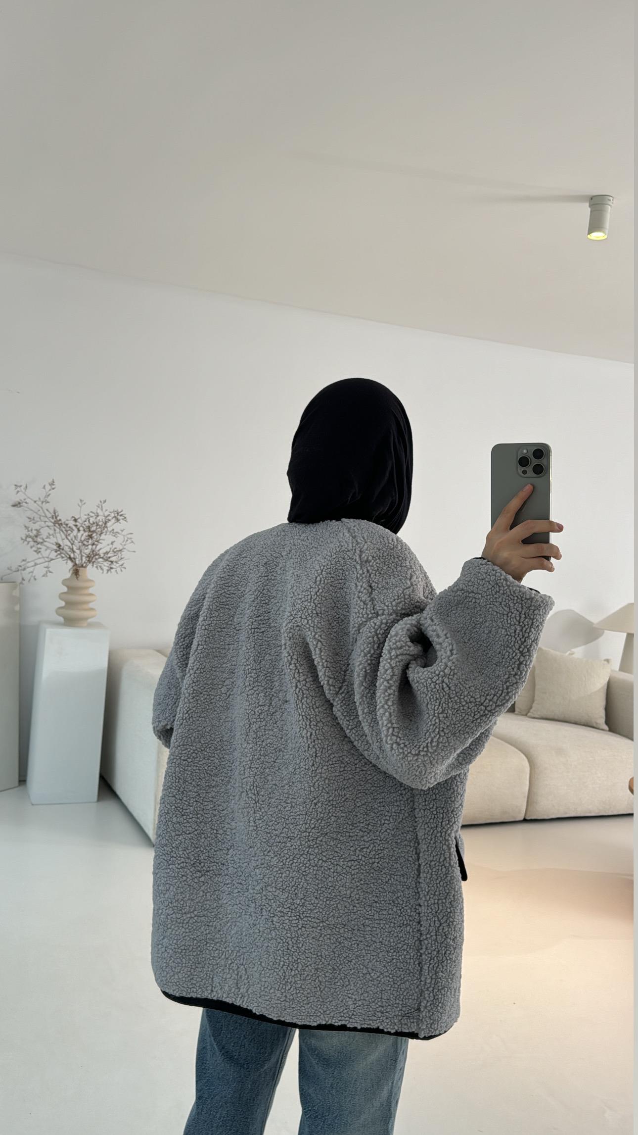 Düğmeli Oversize Teddy Ceket Gri