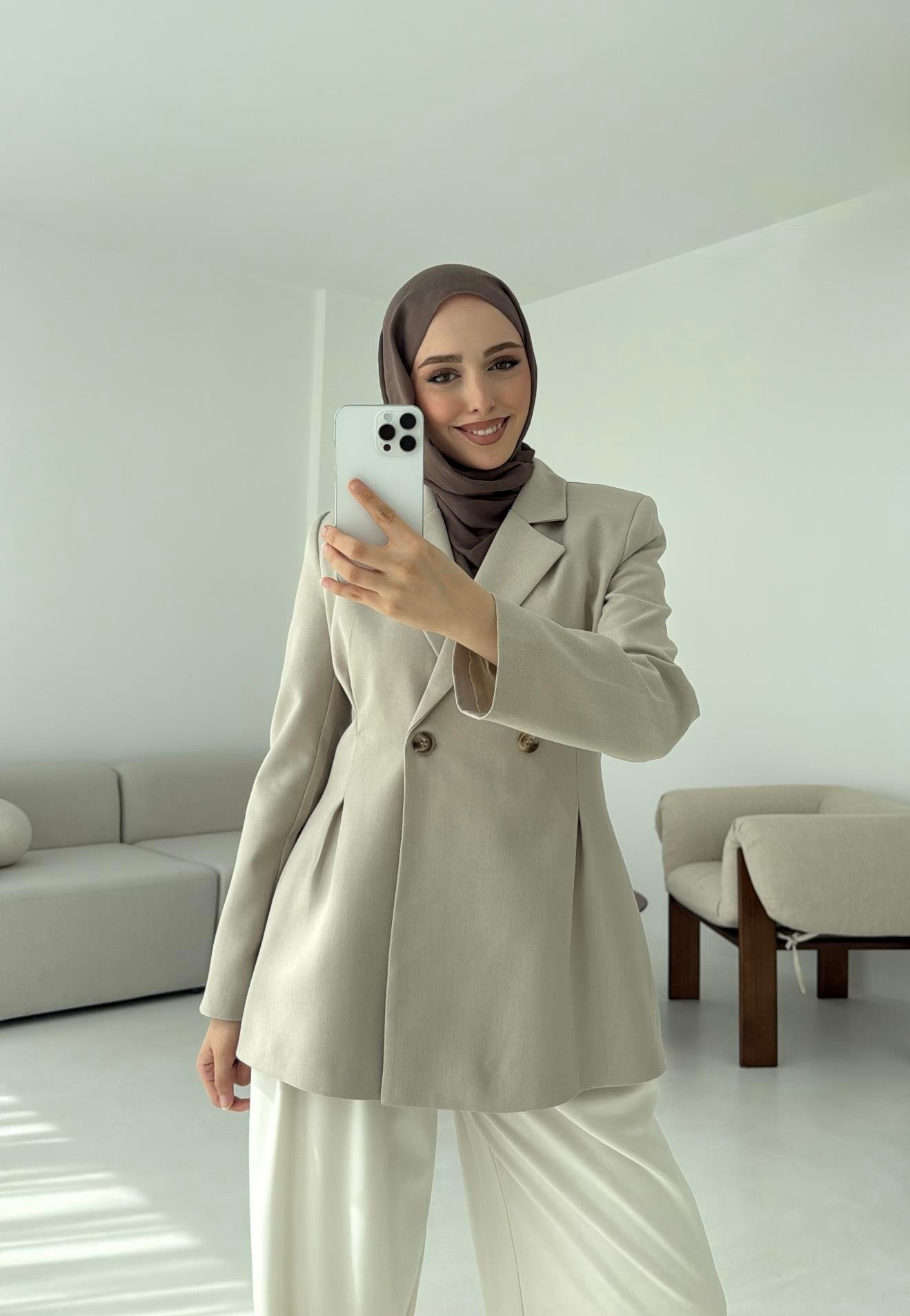 Pile Detay Blazer Ceket Taş