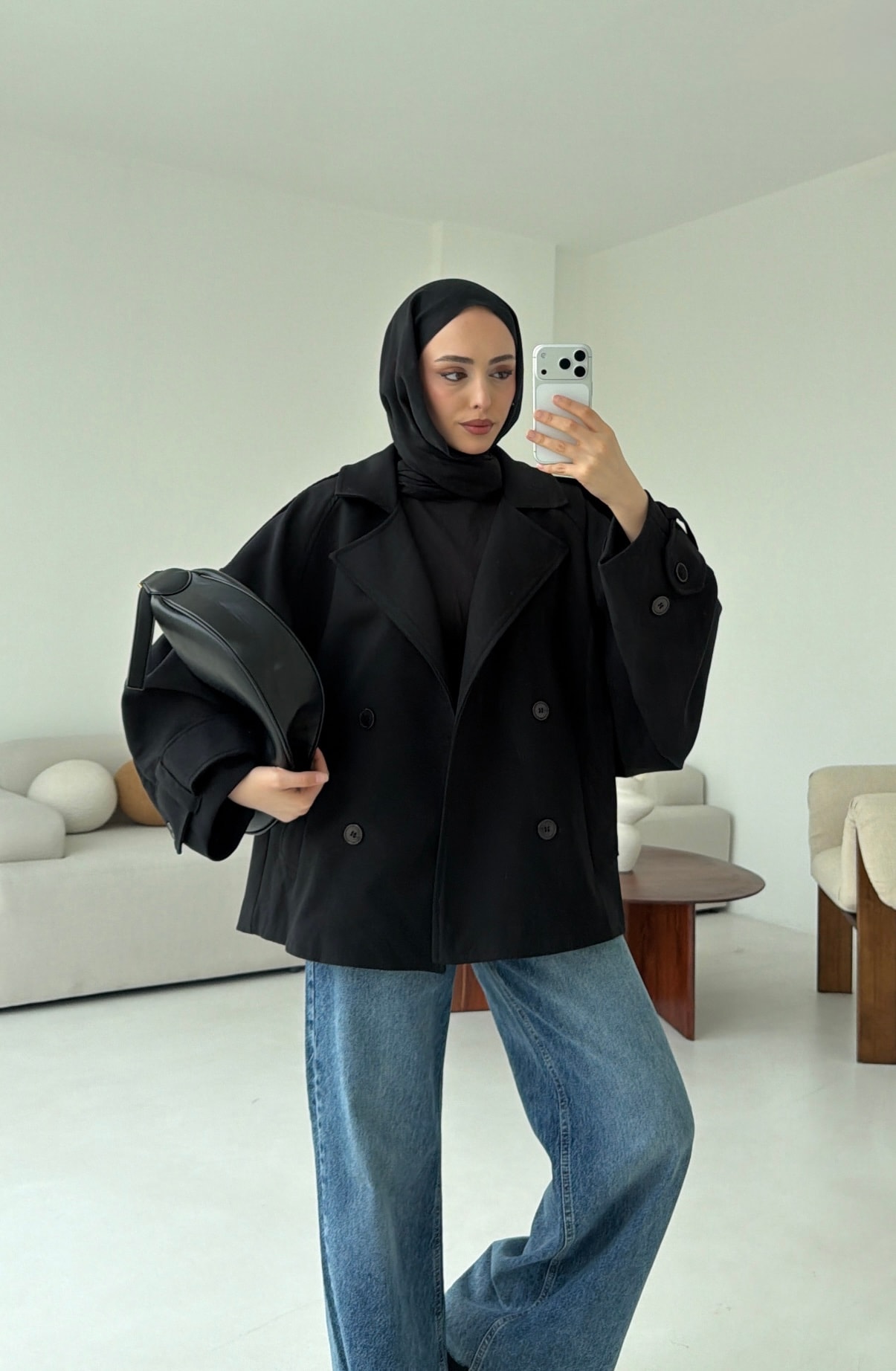 Dökümlü Trençkot Siyah