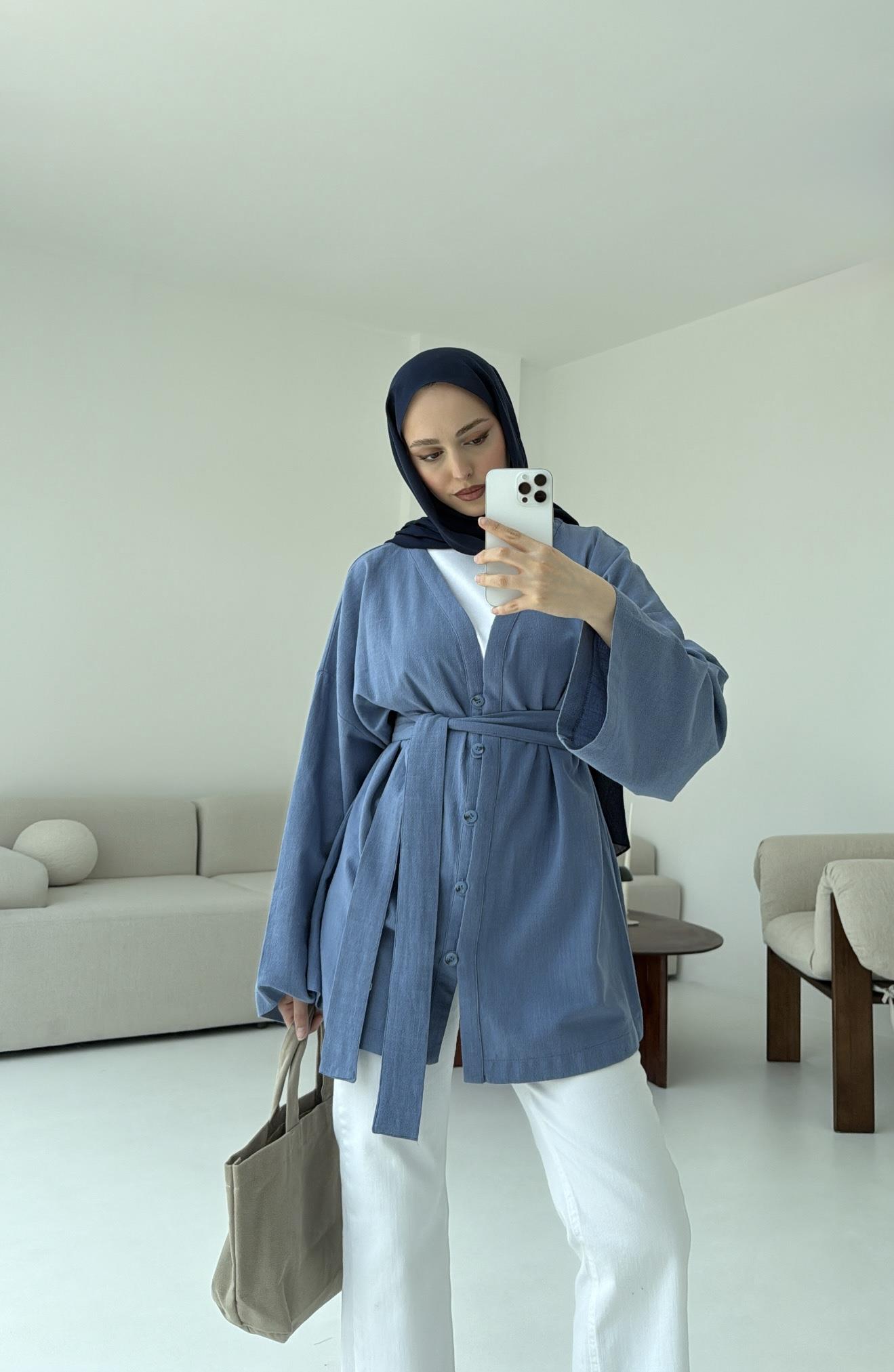 Linen Düğmeli Kimono Mavi