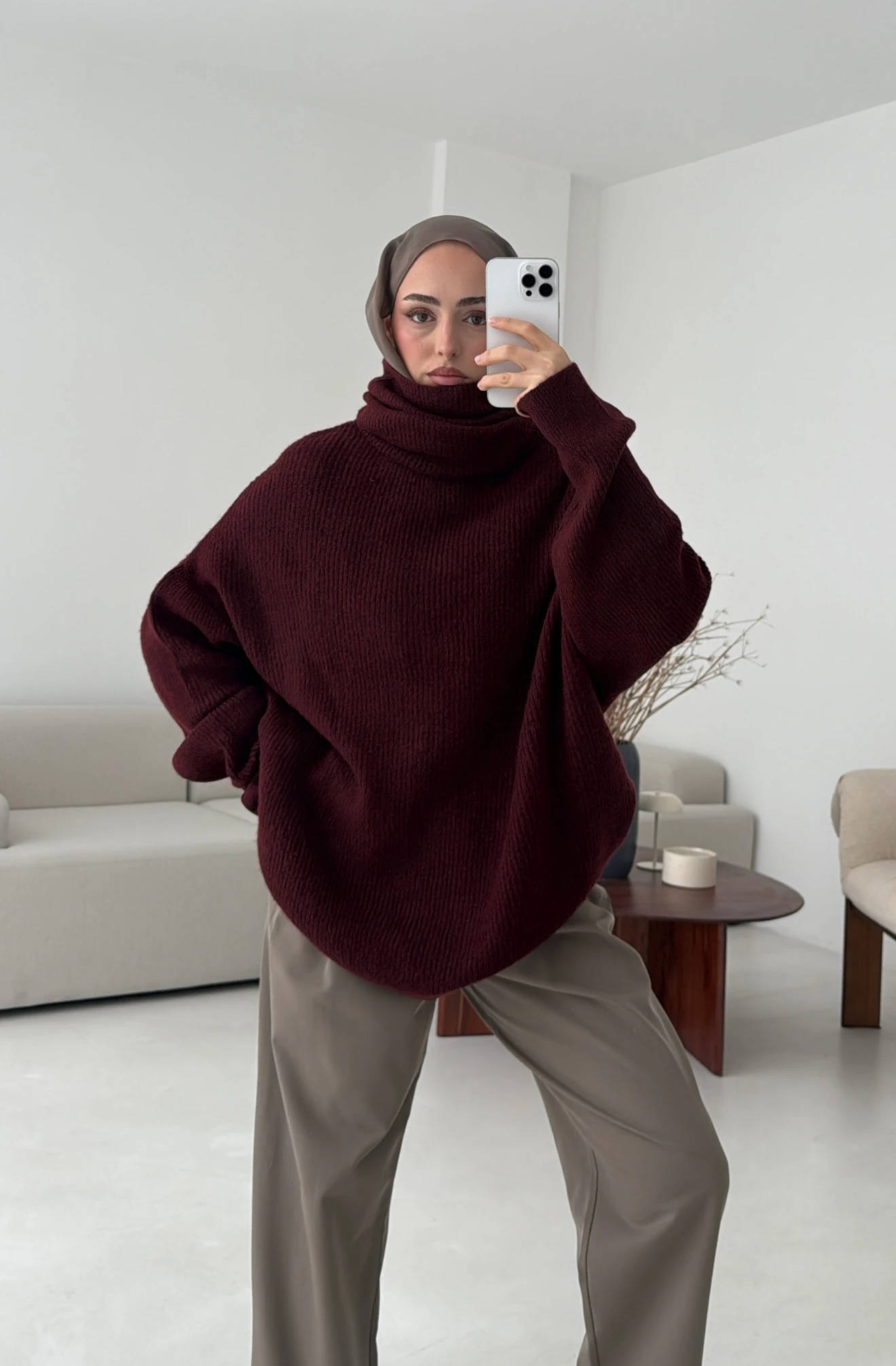 Balıkçı Yaka Oversizse Triko Kazak Bordo