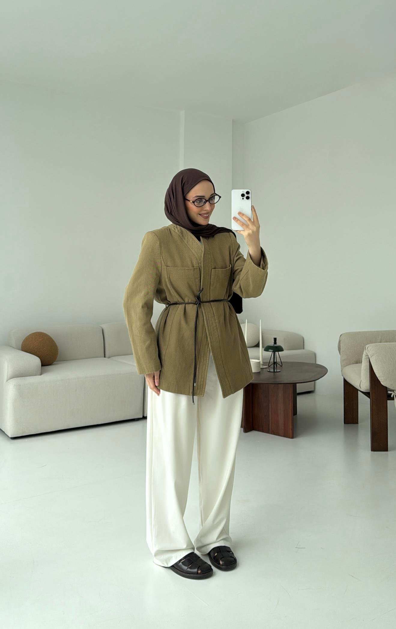 Gabardin Kemerli Ceket Haki