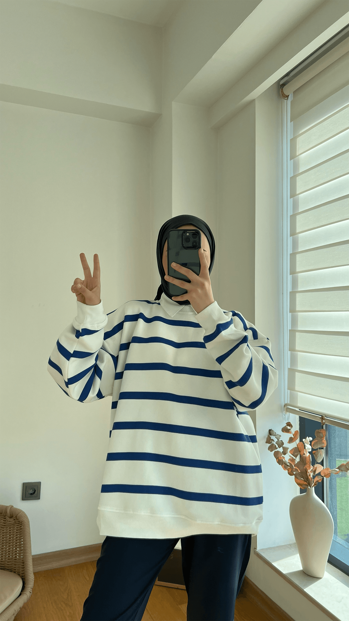 Çizgili Şardonlu Sweatshirt Mavi