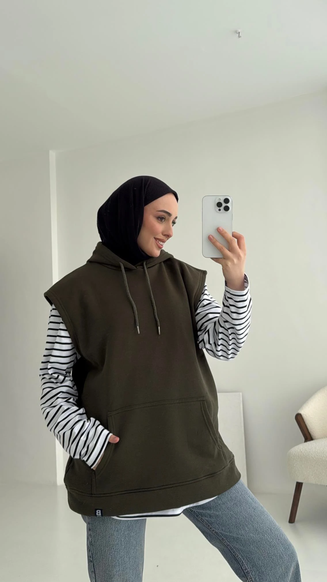 Kapüşonlu Çizgili İki Parçalı Sweat Haki