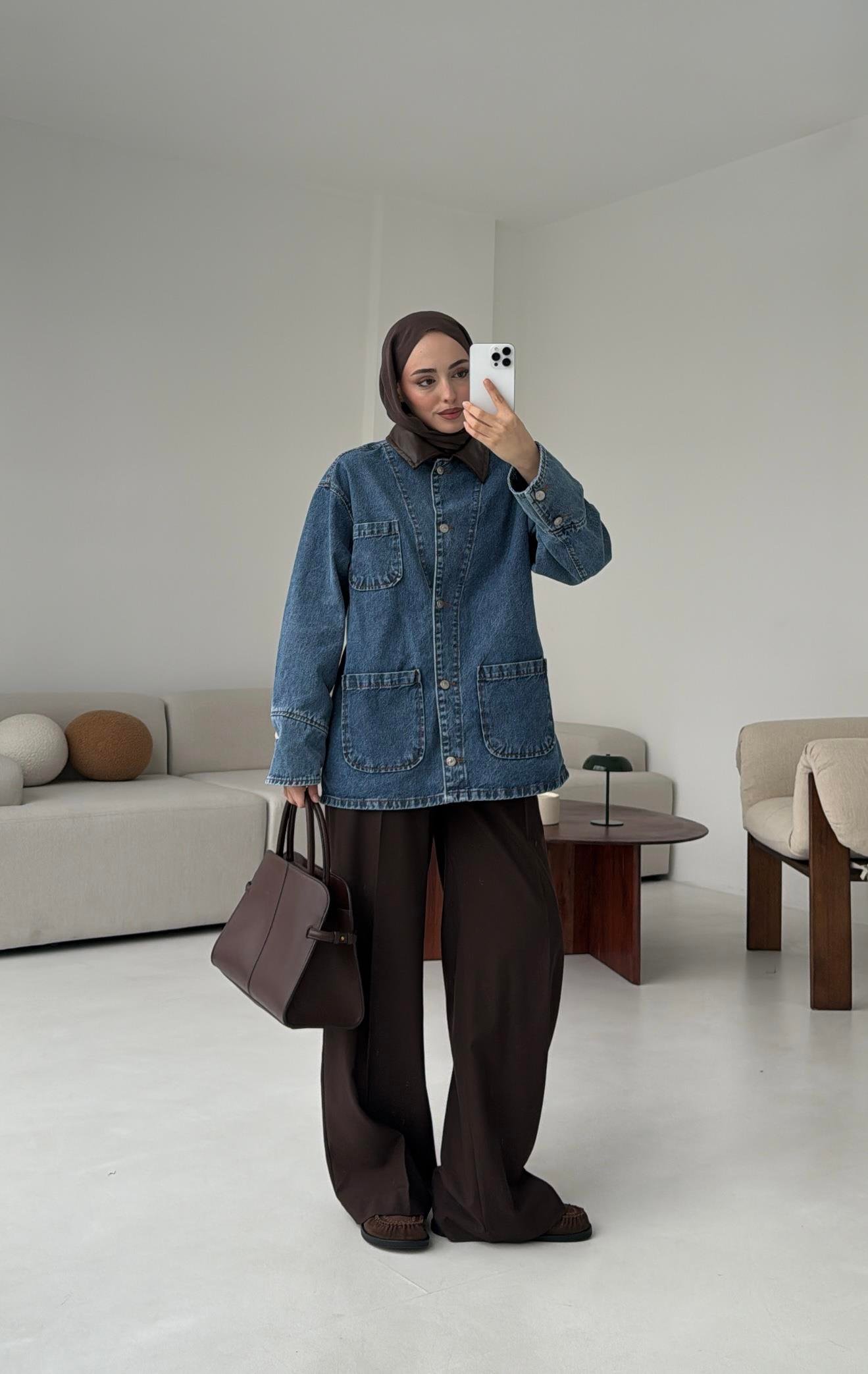 Yakası Deri Denim Ceket