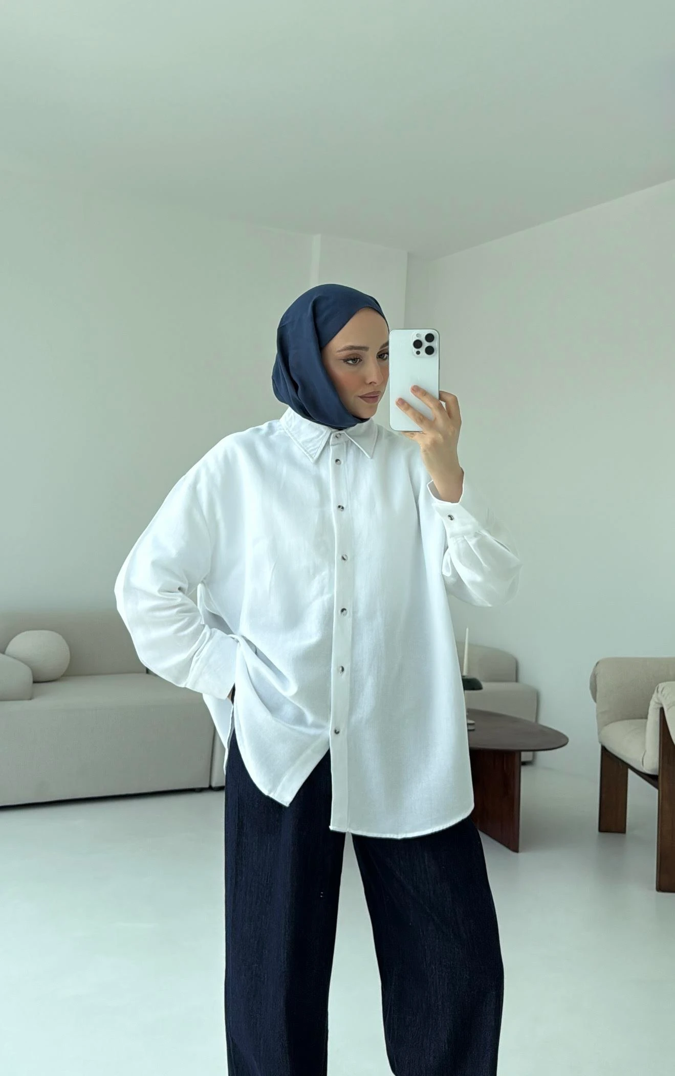 Basic Oversize  Keten Gömlek Beyaz