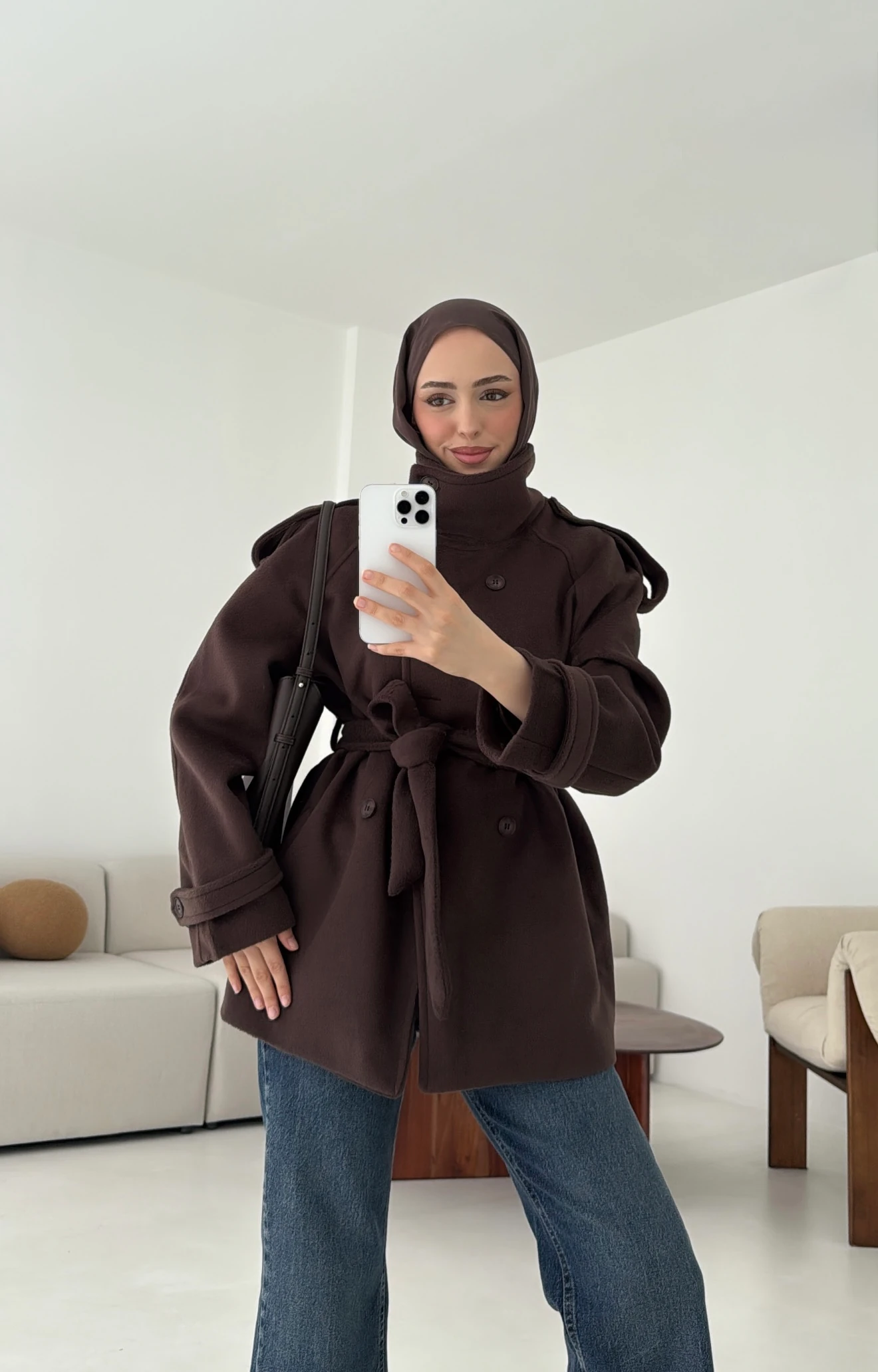 Kuşaklı Oversize Kaşe Kaban Kahve