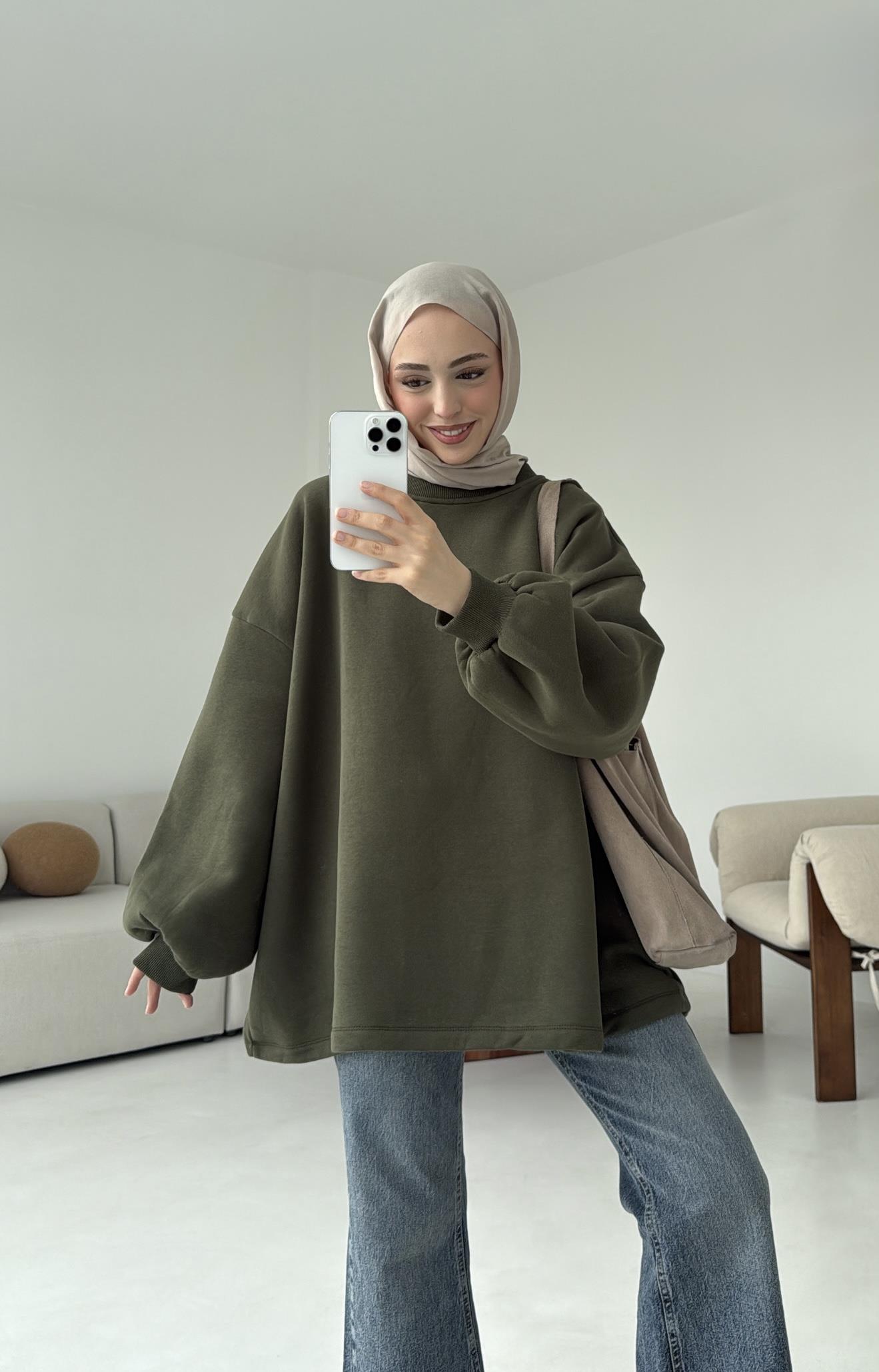 Oversize Şardonlu Sweatshirt Haki
