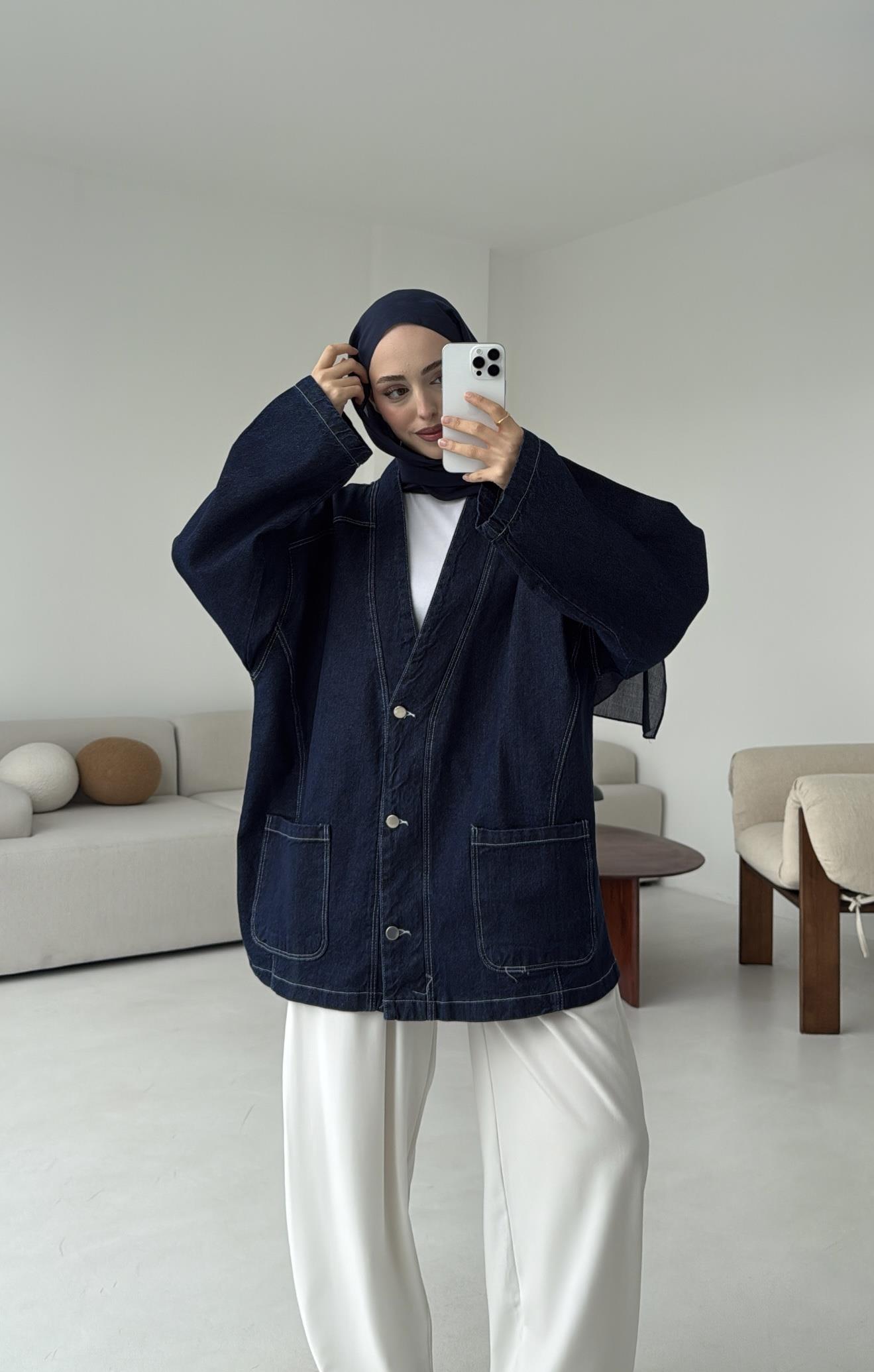 Oversize Wide Denim Ceket Lacivert