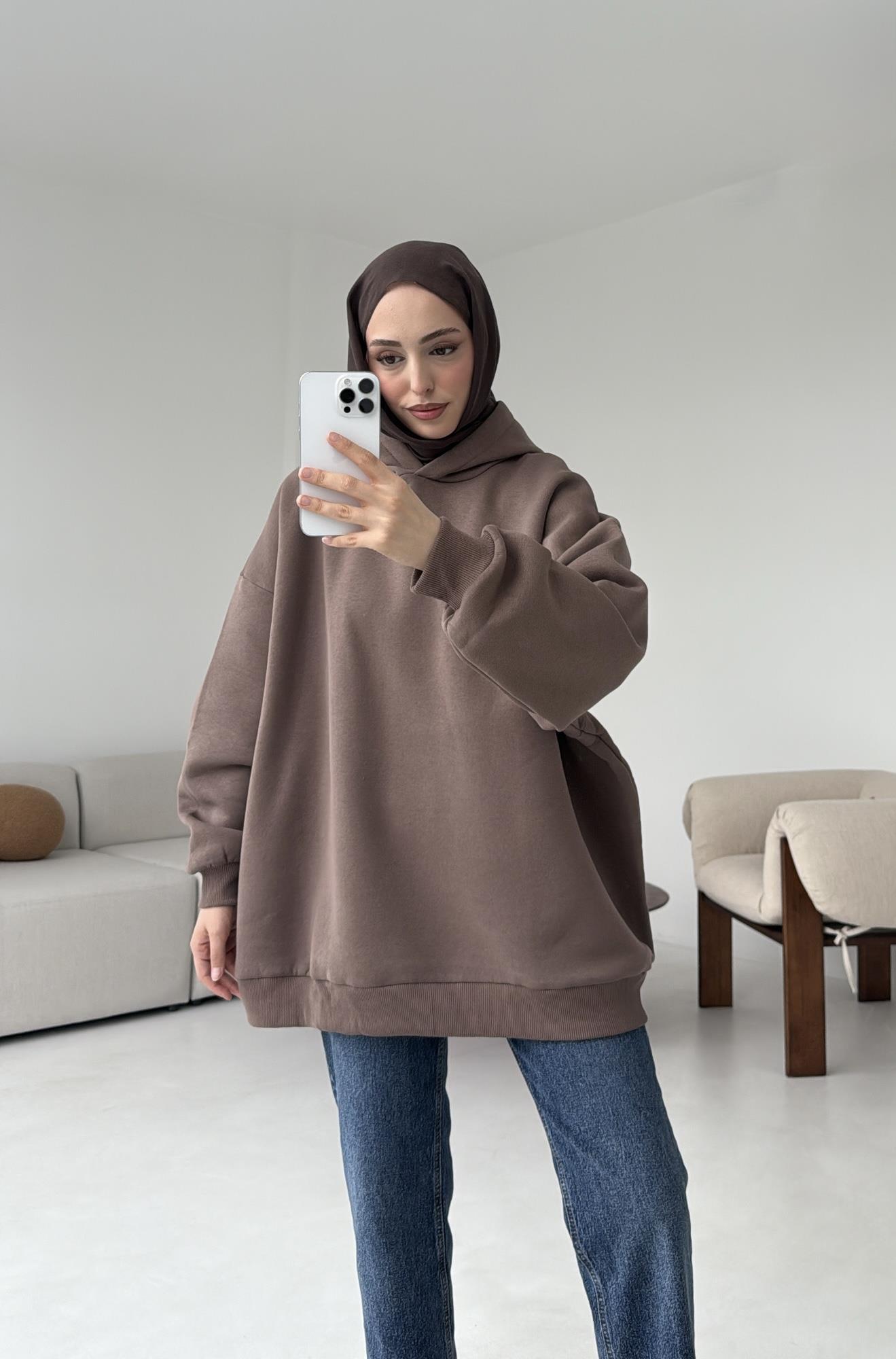 Kapüşonlu Oversize Şardonlu Sweatshirt Kahve