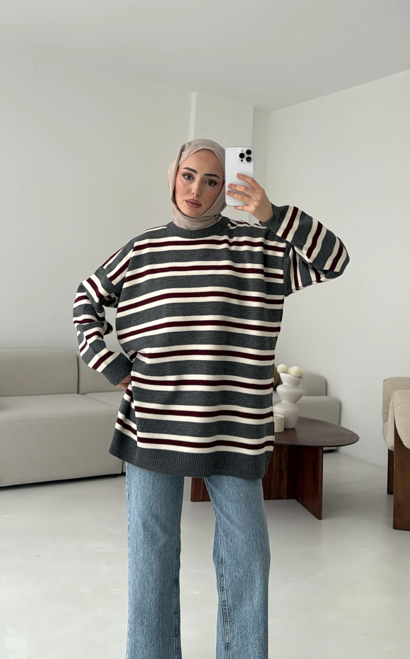 Bisiklet Yaka Çizgili Uzun Triko Kazak Siyah