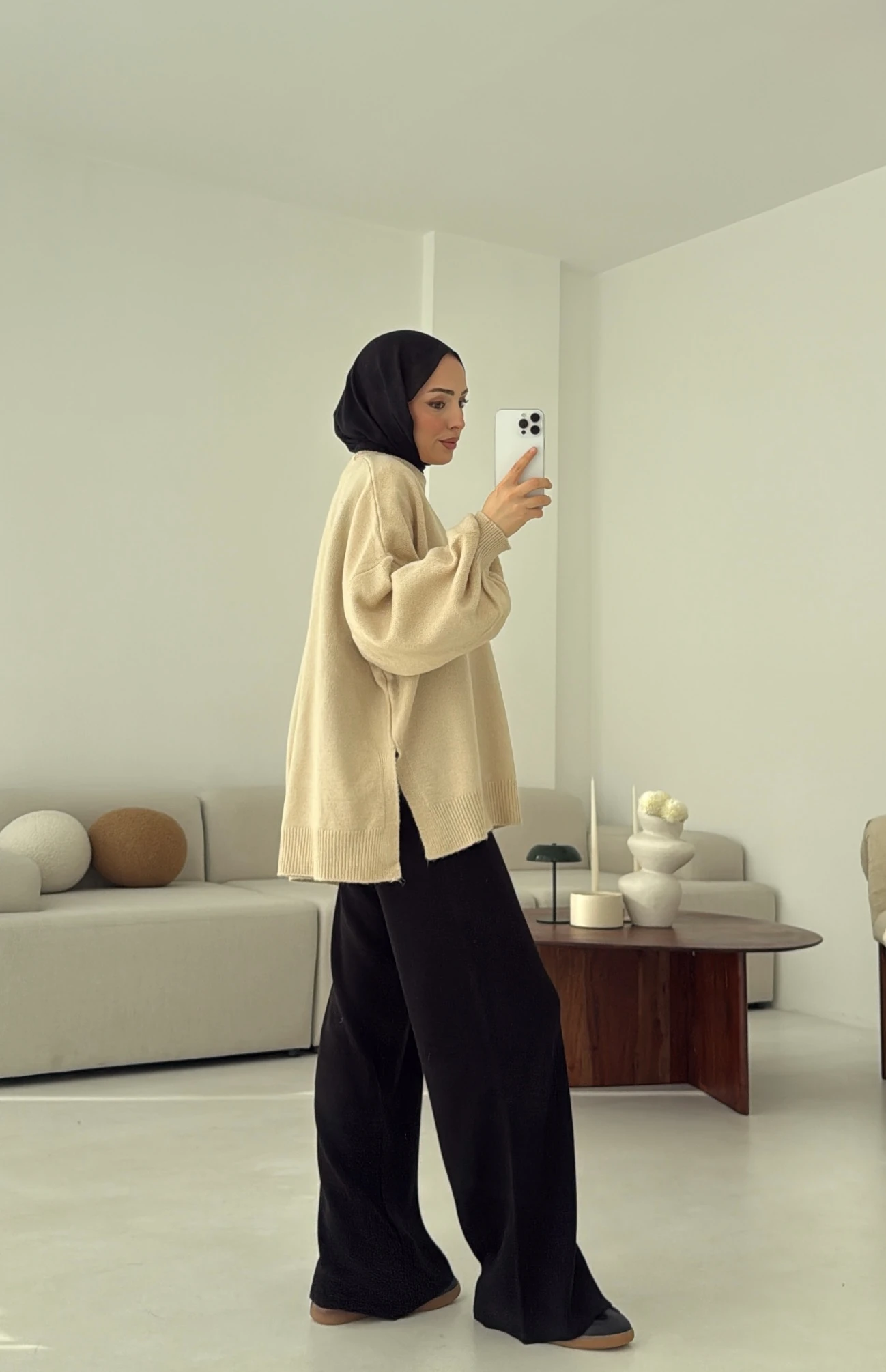 Yırtmaç Detay Balon Kol Kazak Bej