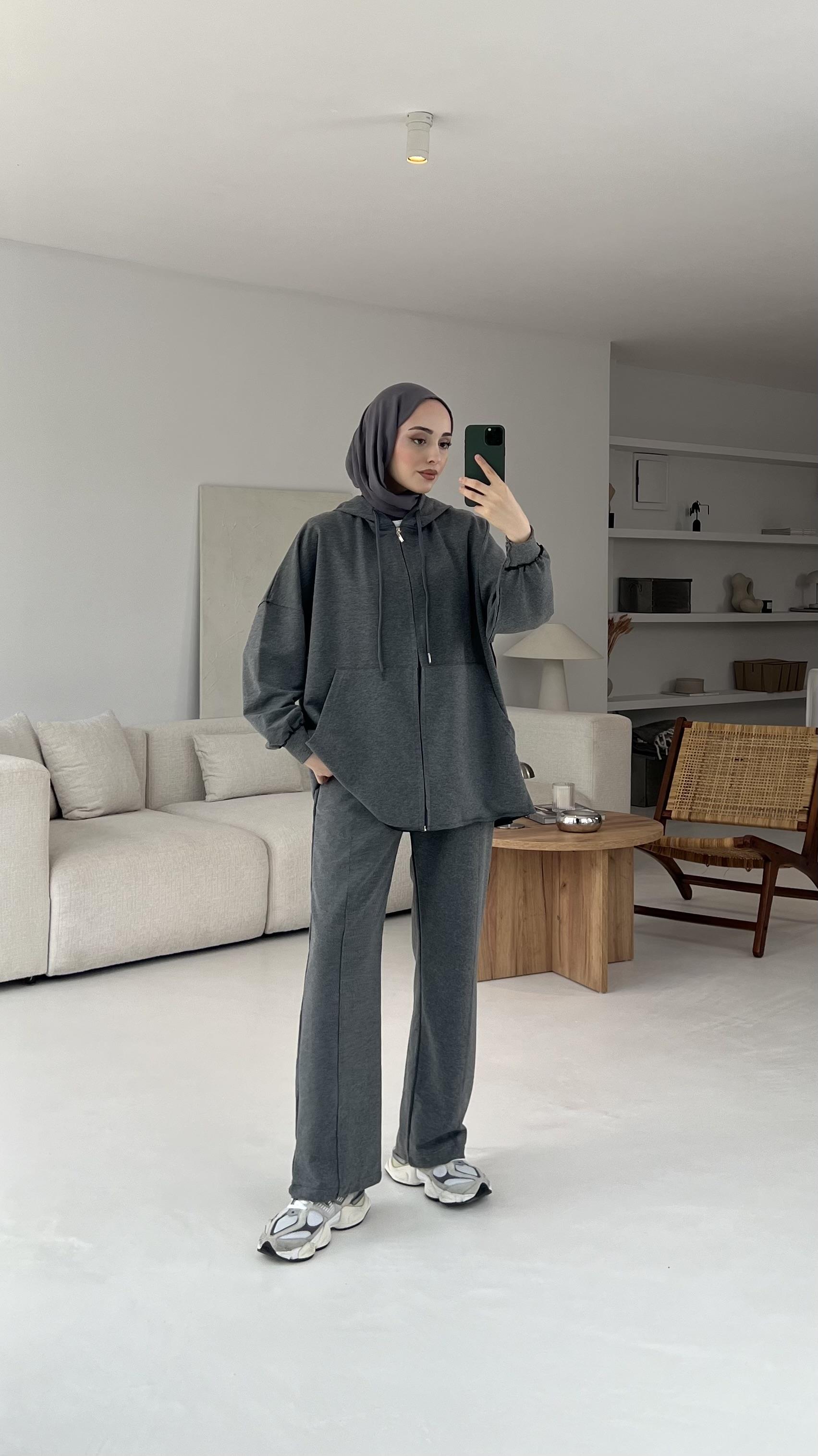 Fermuarlı Dikişsiz Takım Koyu Gri