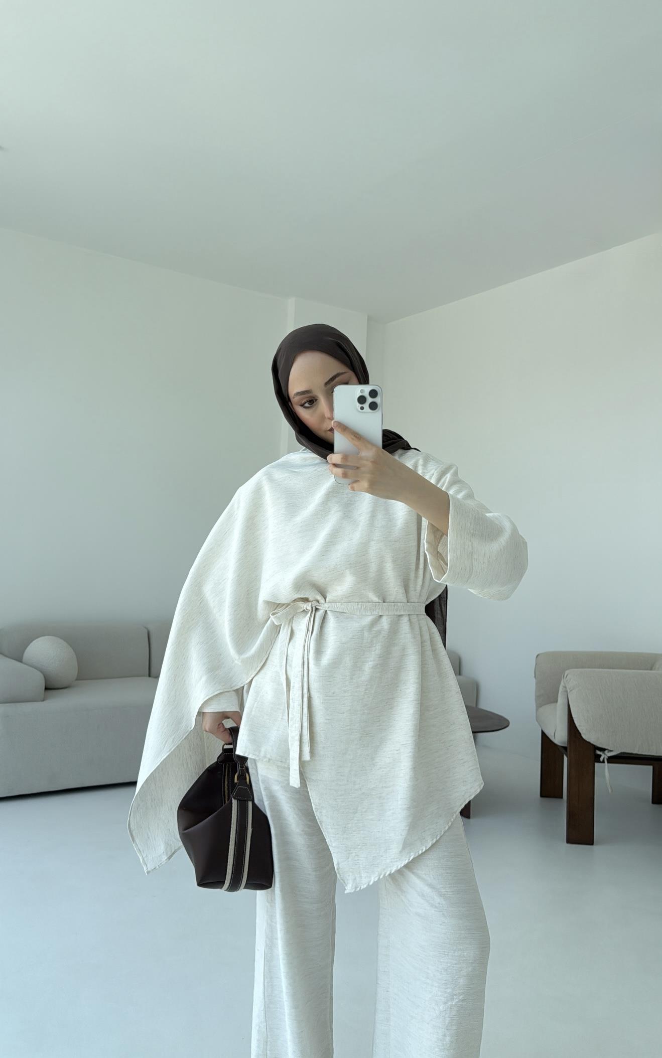 Fular Detay Tunik Takım Natural