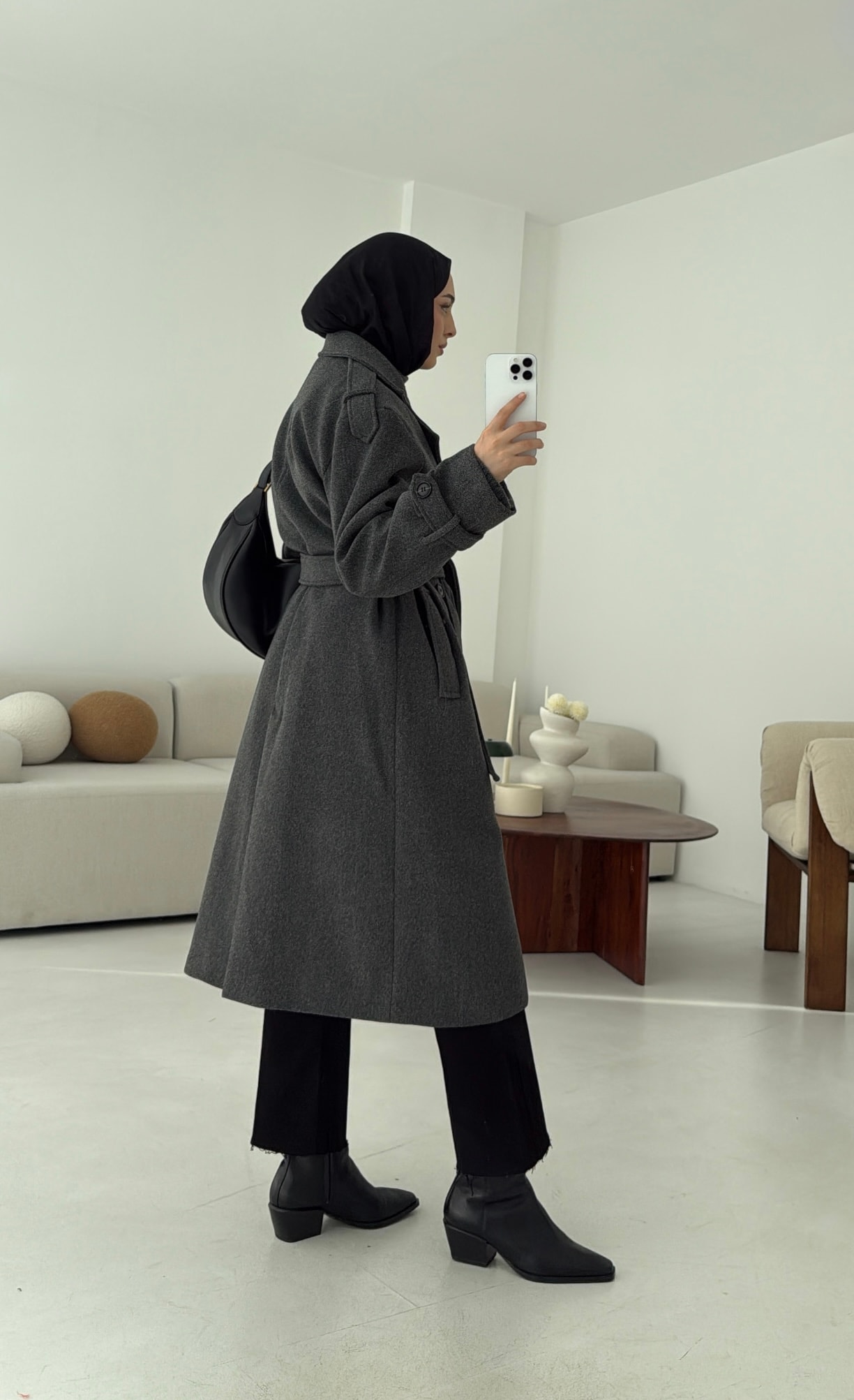 Premium Uzun Kaşe Kaban Antrasit