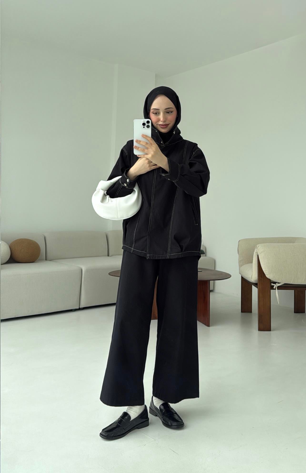 Kontrast Dikişli Gabardin Takım Siyah