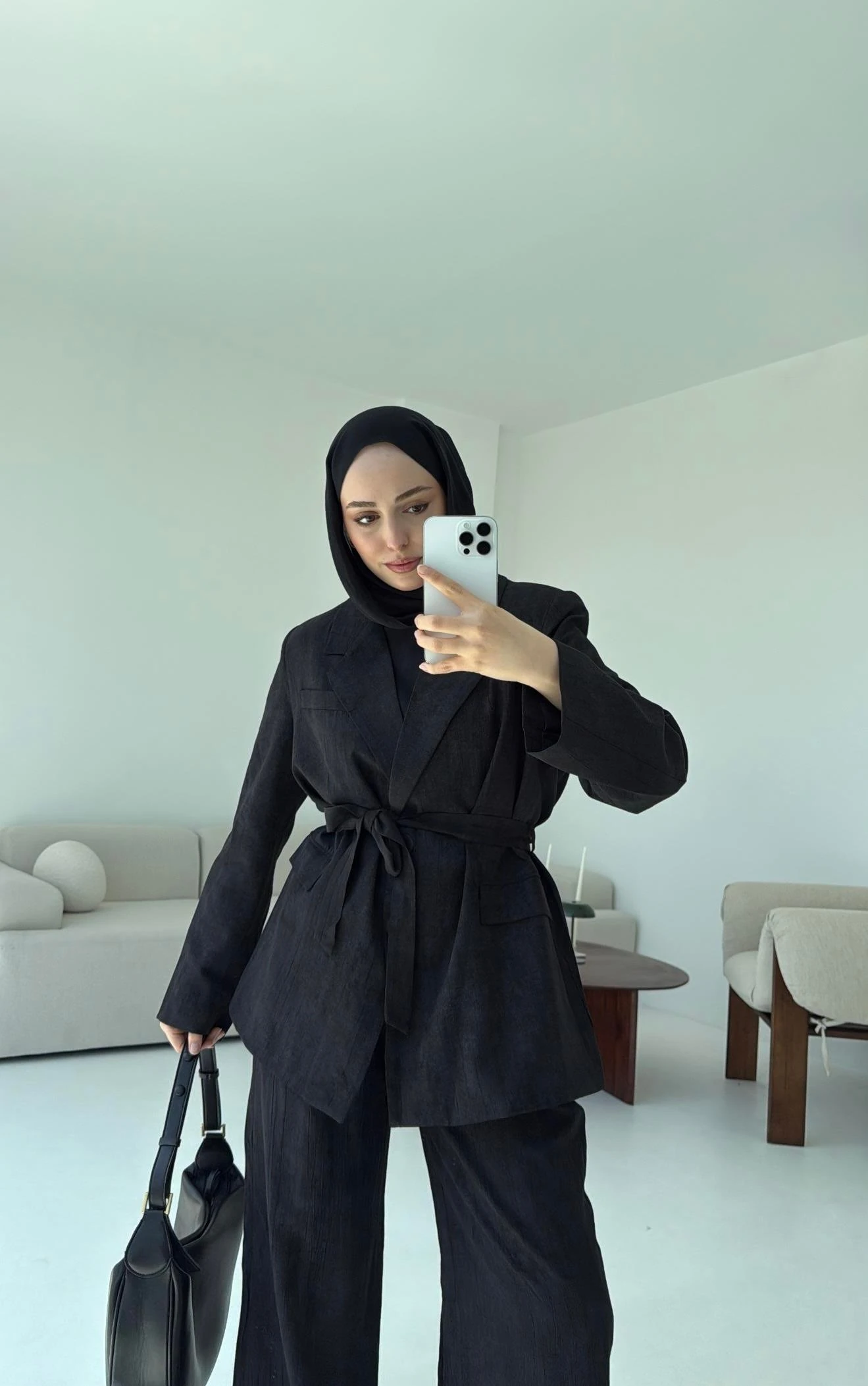 Kemerli Ceket Beli Lastikli Pantolon Takım Siyah