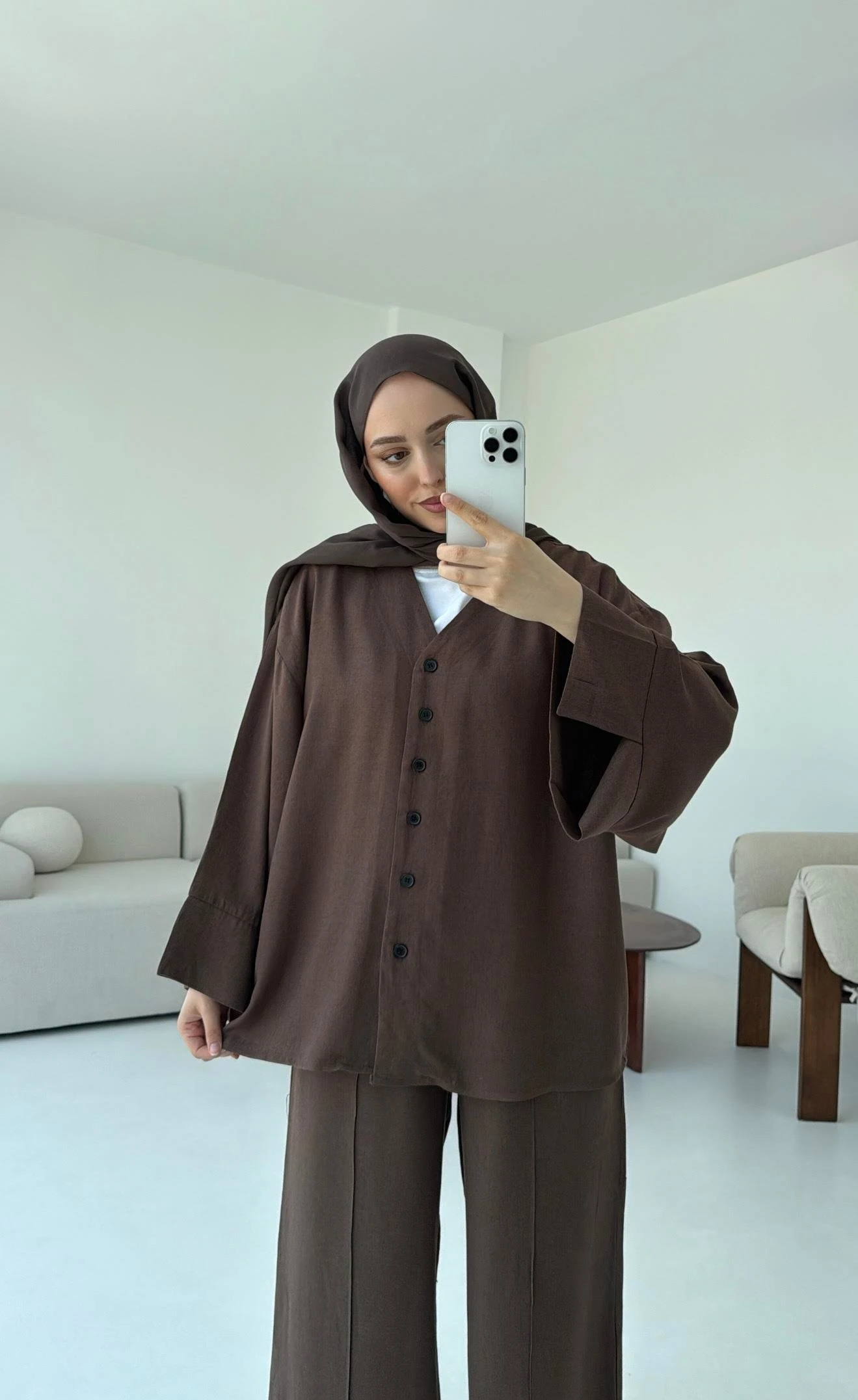 Düğmeli Kimono Takım Kahve