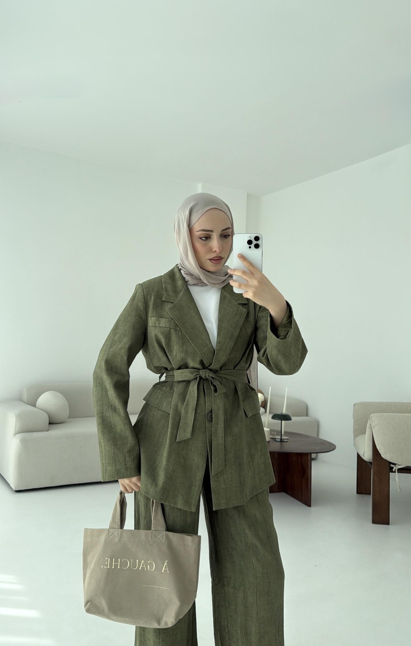 Kemerli Ceket Beli Lastikli Pantolon Takım Haki