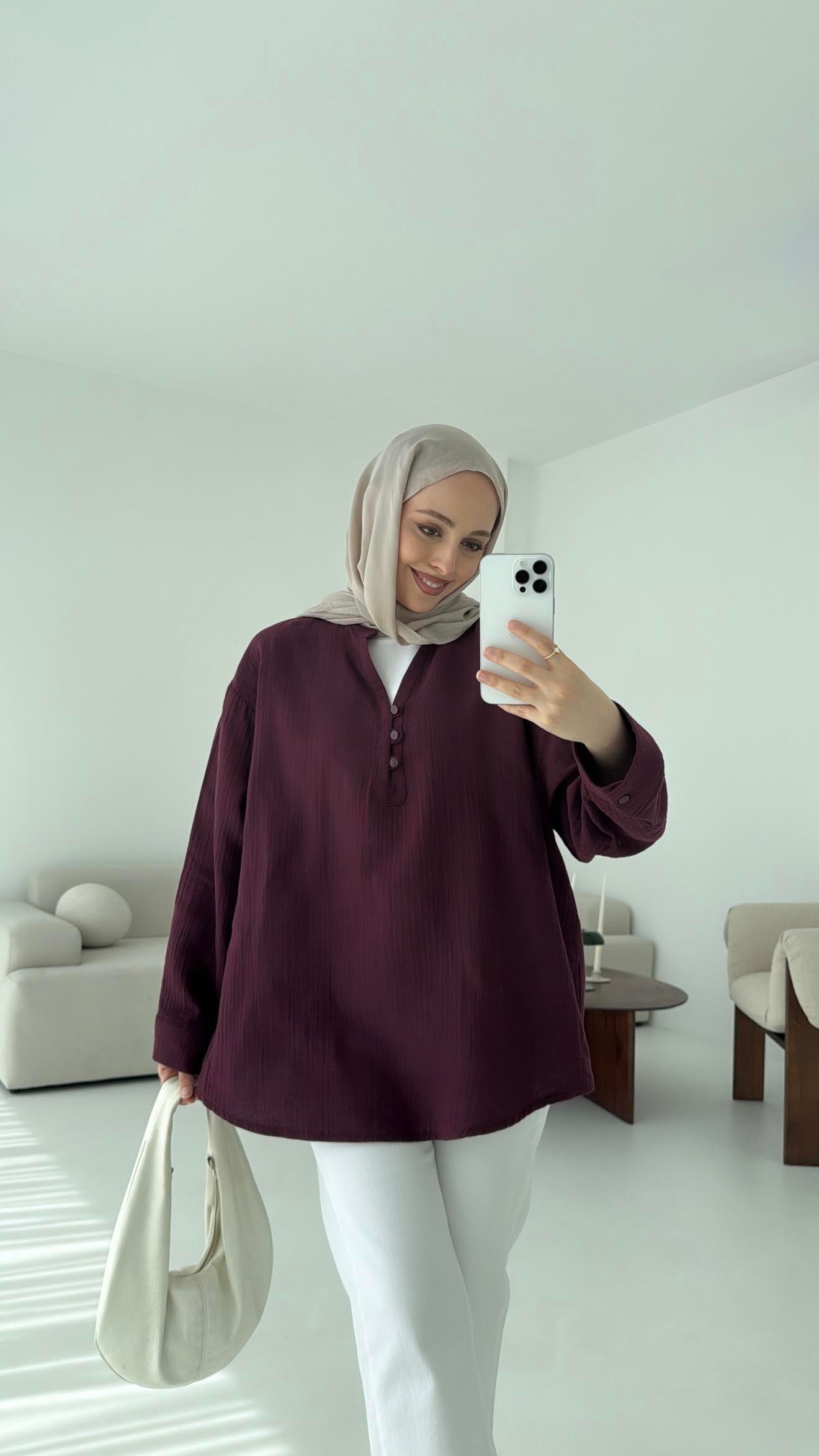 Müslin Düğmeli Gömlek Bordo