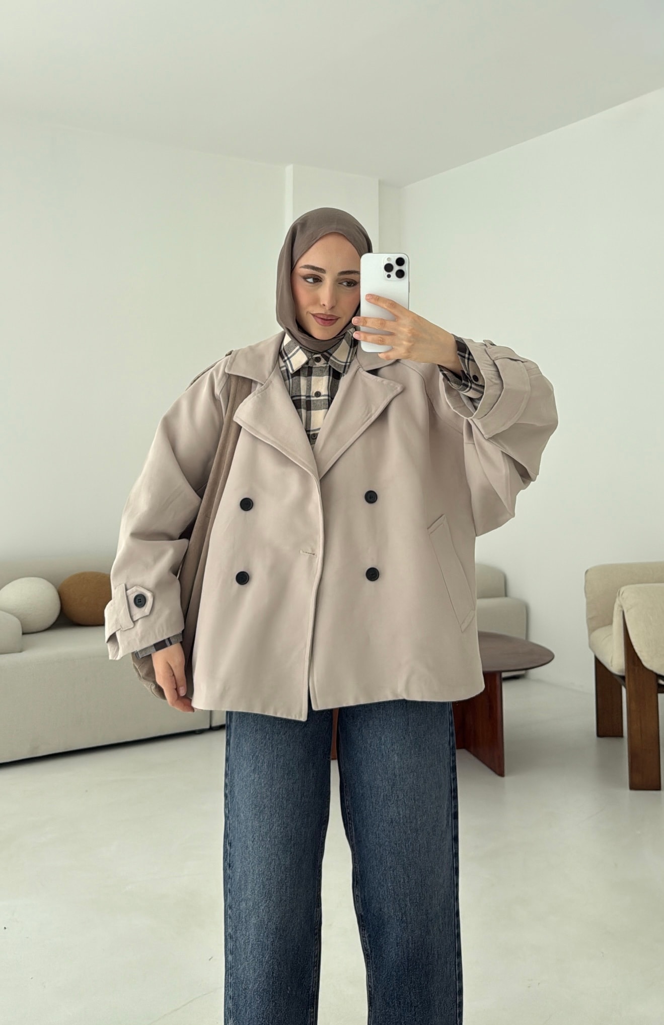 Geniş Kol Oversize Trençkot Taş