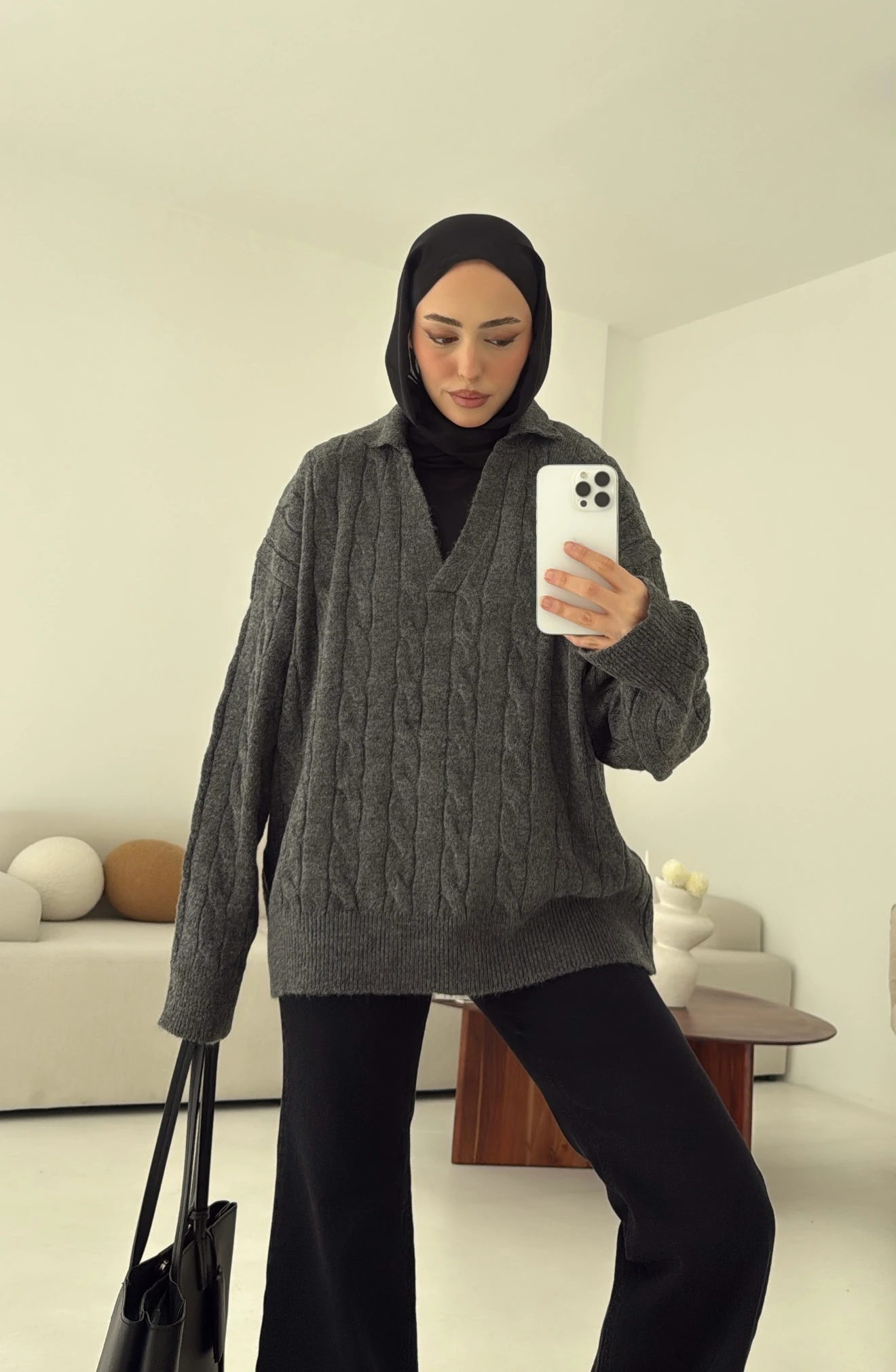 Polo Yaka Örgü Kazak Antrasit