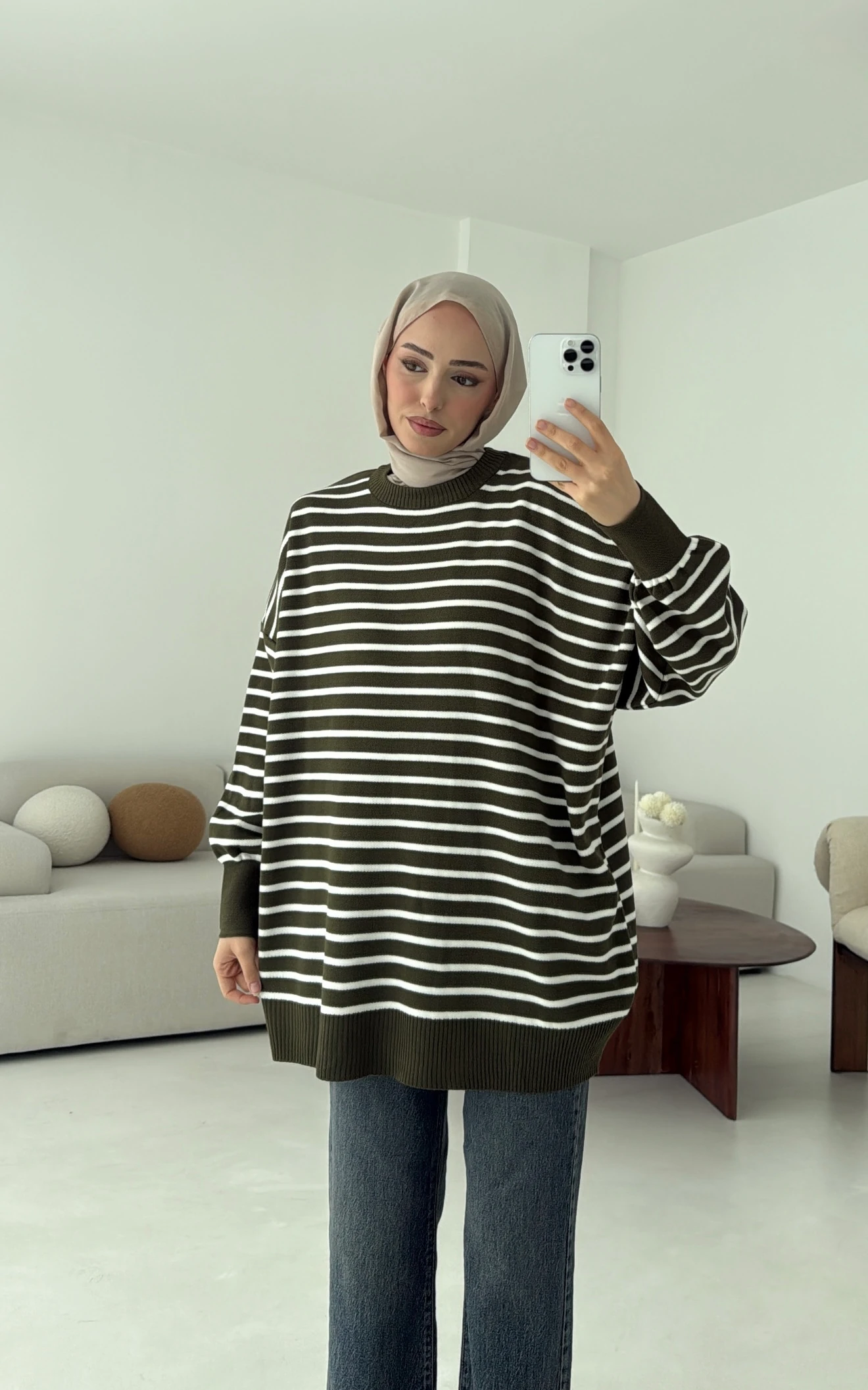 Çizgili Triko Kazak Haki