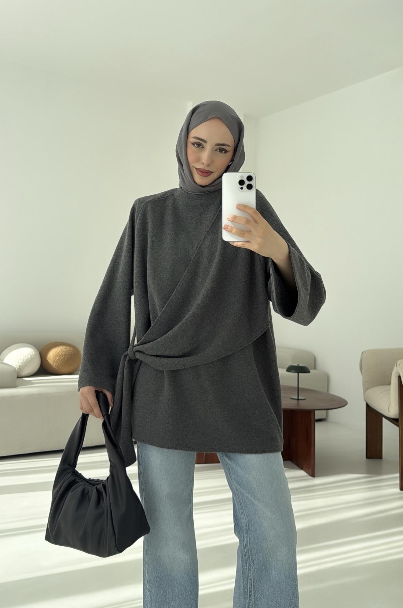Yandan Şallı Tunik Gri