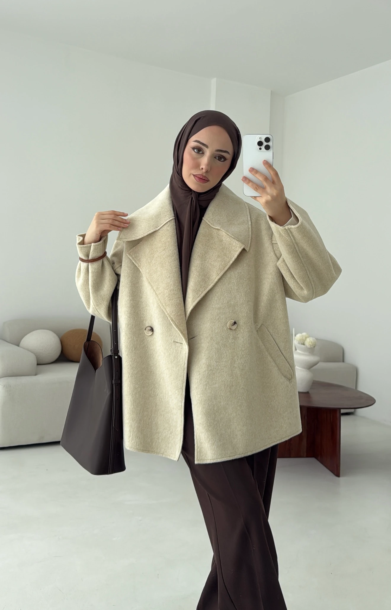 Yumuşak Şal Yaka Kaban Bej