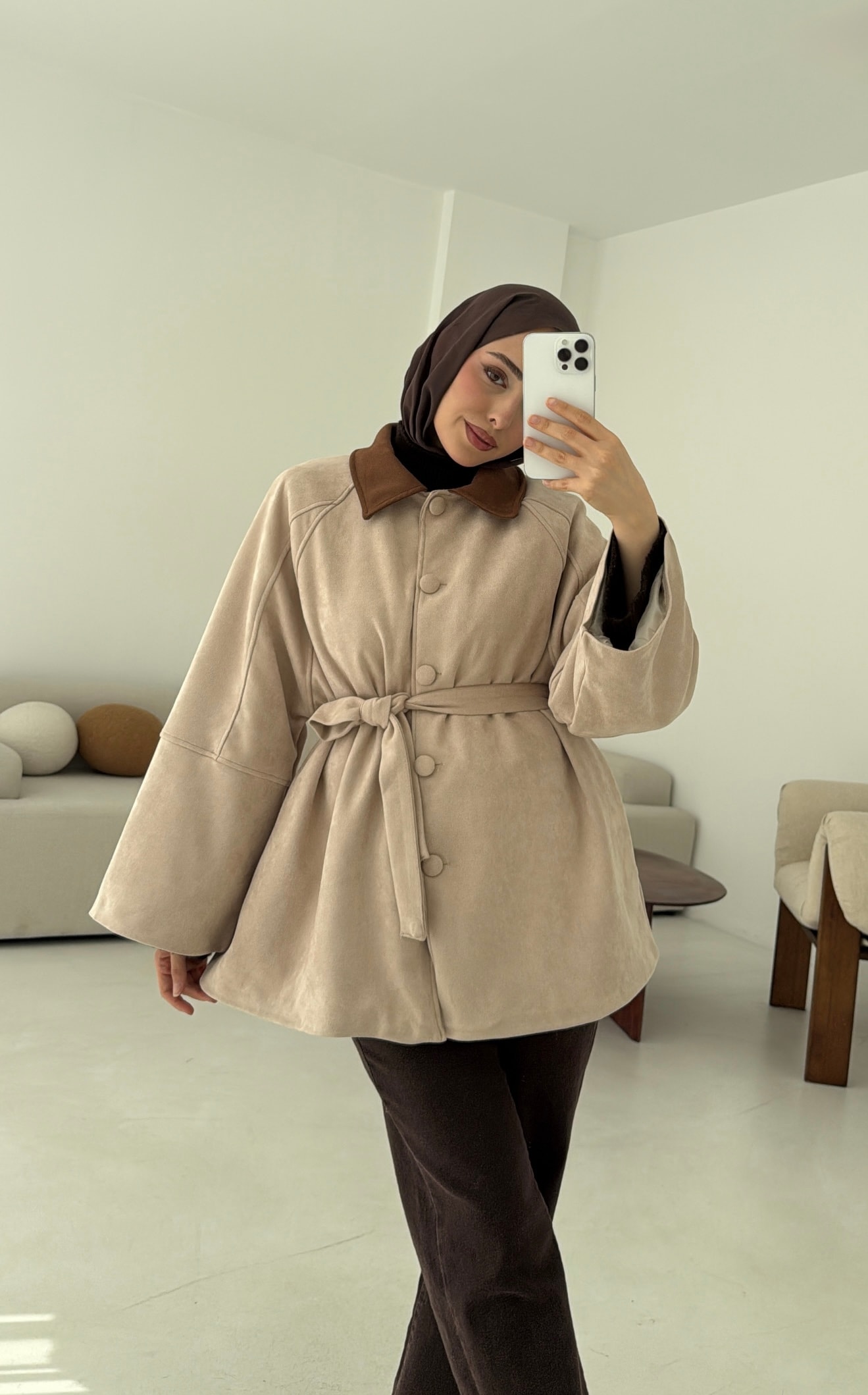 Nubuk Kontrast Yaka Ceket Bej