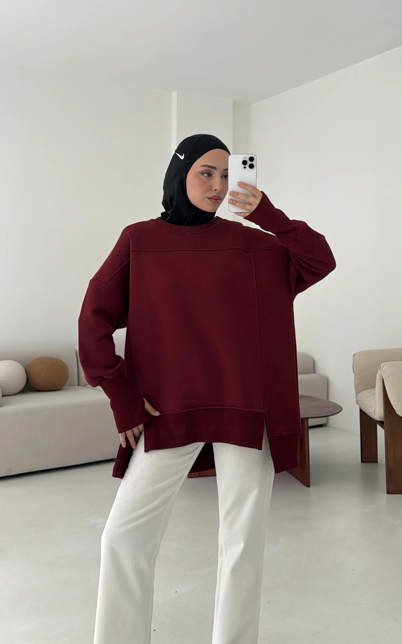 Parmak Geçmeli Asimetri Kesim Sweat Bordo