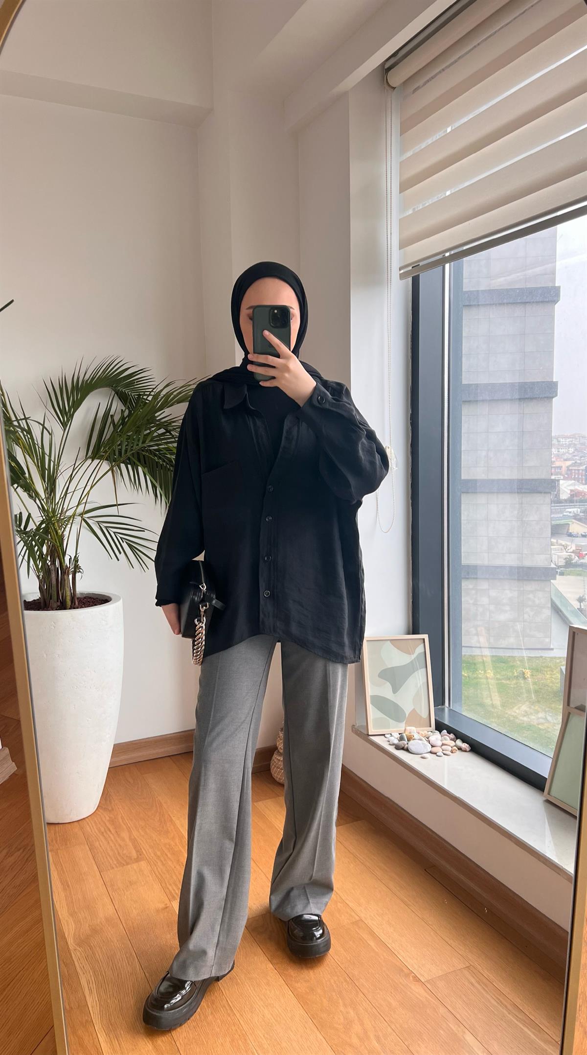 Oversize Pamuk Saten Gömlek Siyah