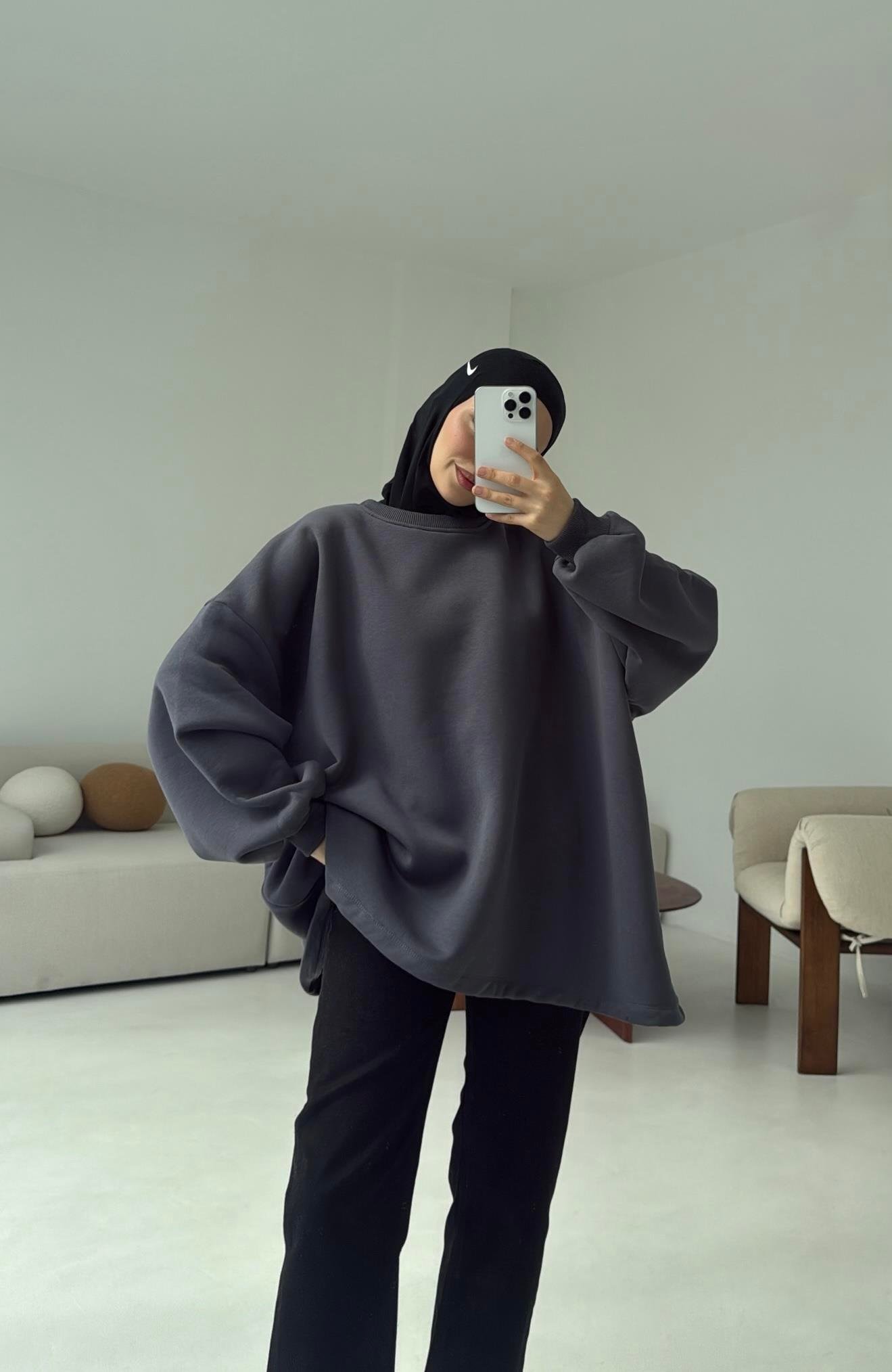 Oversize Şardonlu Sweatshirt Antrasit