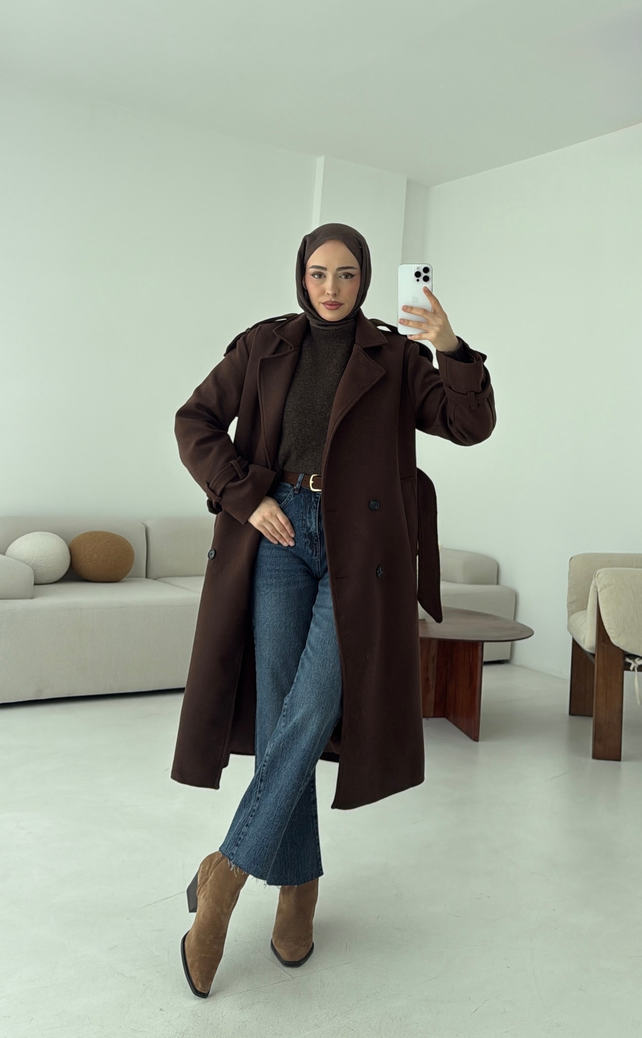 Premium Uzun Kaşe Kaban Kahve