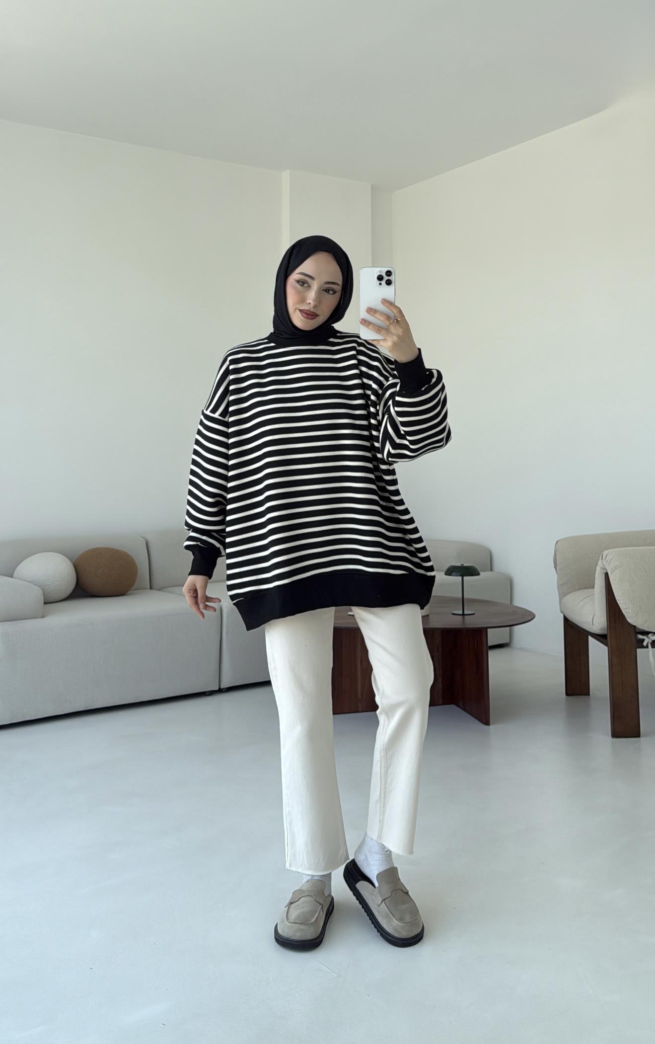 Çizgili Oversize Sweatshirt Siyah