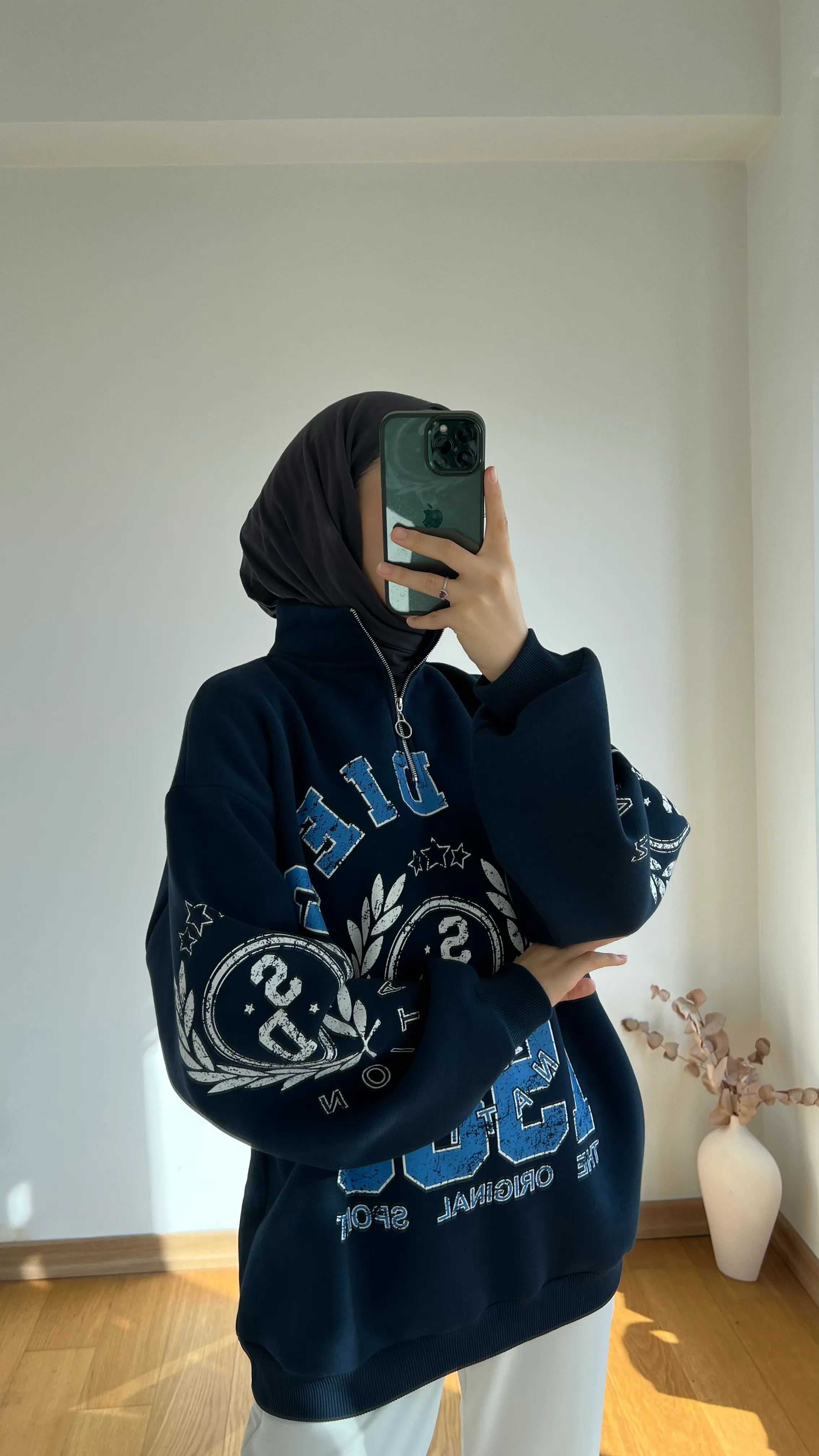 Yarım Zip Lacivert Oversize Şardonlu Sweatshirt